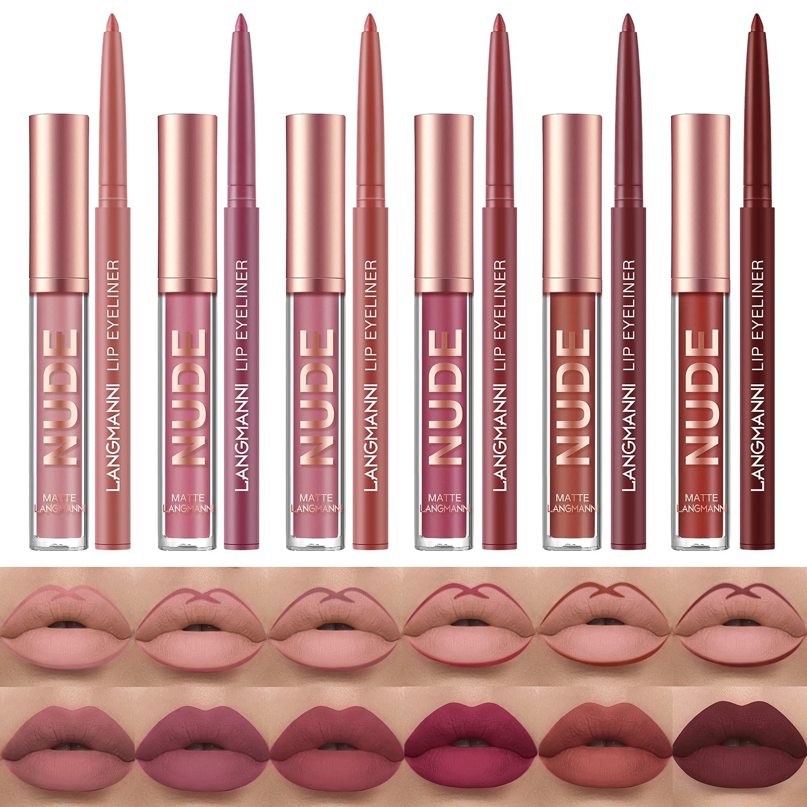 URQT 12pcs Lip Liner and Lipstick Set, 6 Velvety Matte Liquid Lipsticks + 6 Matching Smooth Lip Liner One Step Lips Long Lasting