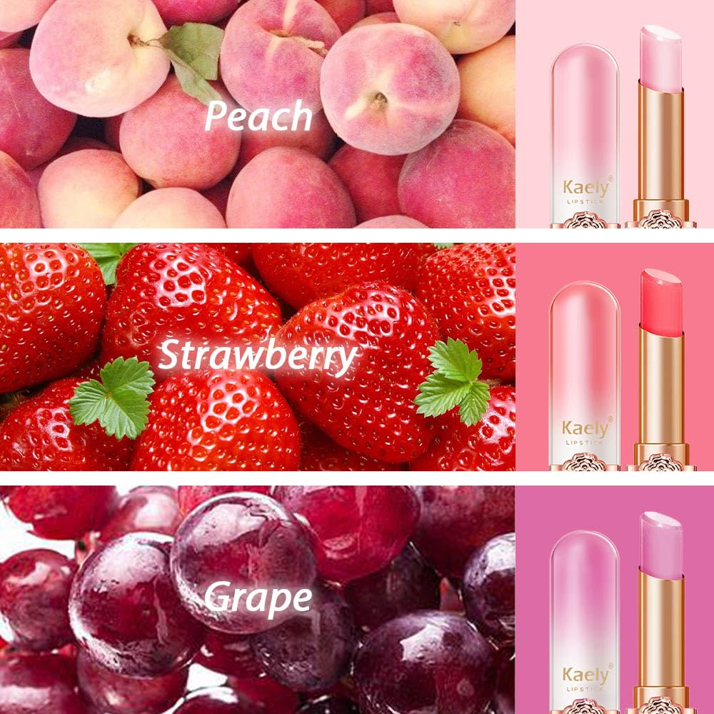 Kaely 3Pcs Peach Strawberry Grape Tinted Lip Balm,Ph Lipstick Color Changing Makeup Sets,Lips Plumper Tint Gloss,Korean Lip Stai