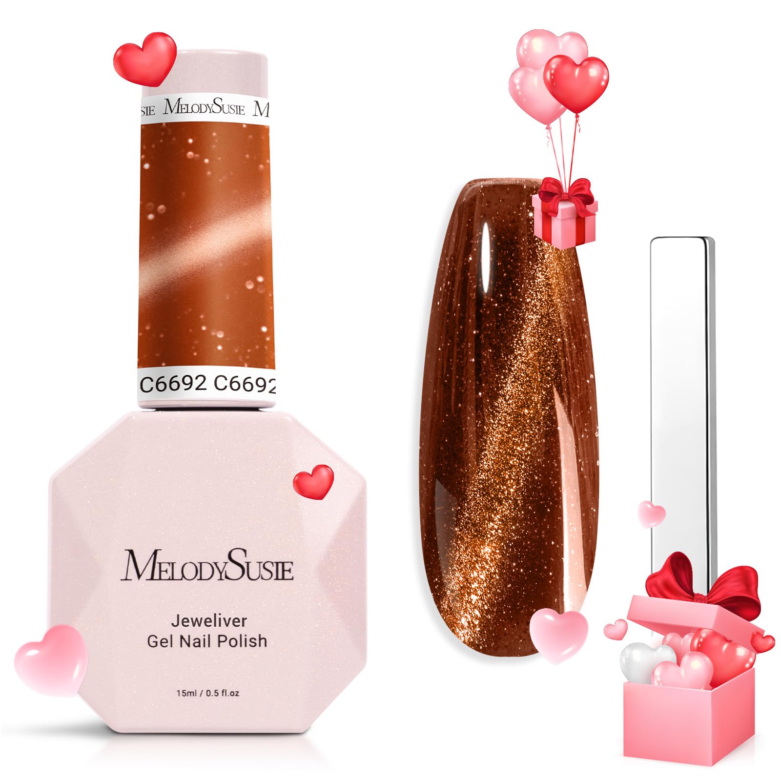 Melodysusie Jeweliver Cat Eye Gel Nail Polish, 0.5 Fl Oz Brown Glitter Holographic Magnetic Nail Polish With Magnet, Uv Nail Pol