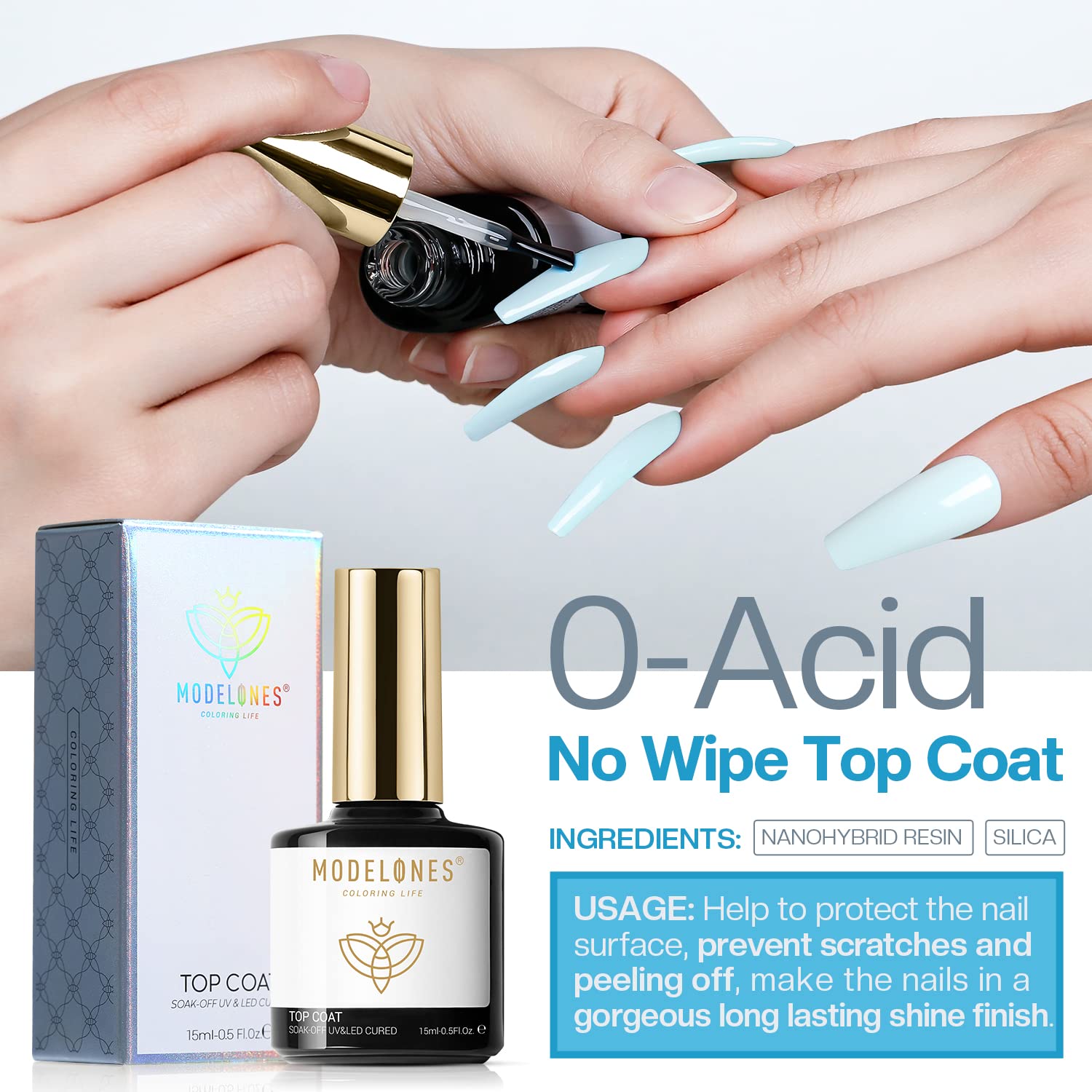 Modelones Gel Nail Polish Top Coat- 15Ml No Wipe, High Gloss Shiny Long Lasting Top Gel For Clear Nail Gel And Acrylic Nails, Fo