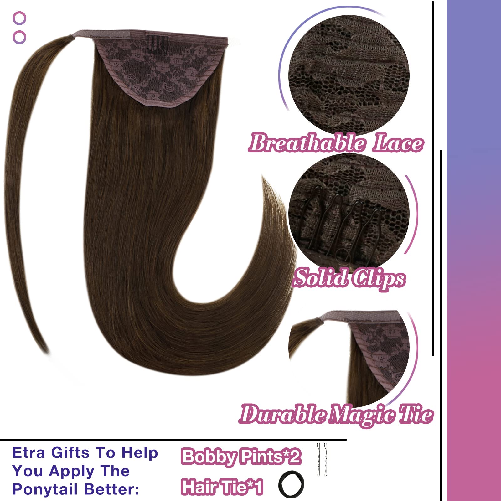Hetto Natural Brown Human Hair Ponytail Extensions #4 Chocolate Brown Clip in Ponytail Hair Extensions Remy Hair 16 Inch 80g Str