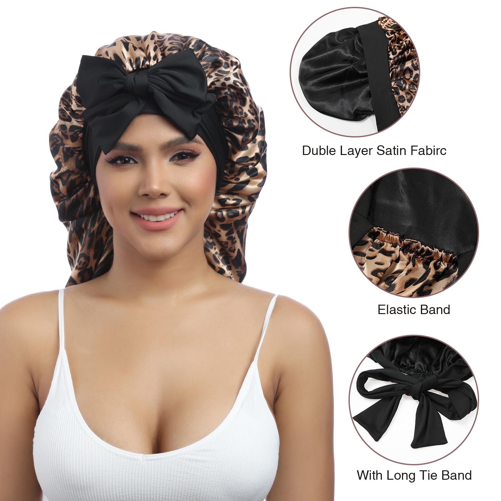 Awaytr Long Satin Bonnet For Women - Double Layer Elastic Silk Bonnet For Braids Hair Sleeping Cap With Tie Band (Leopard)