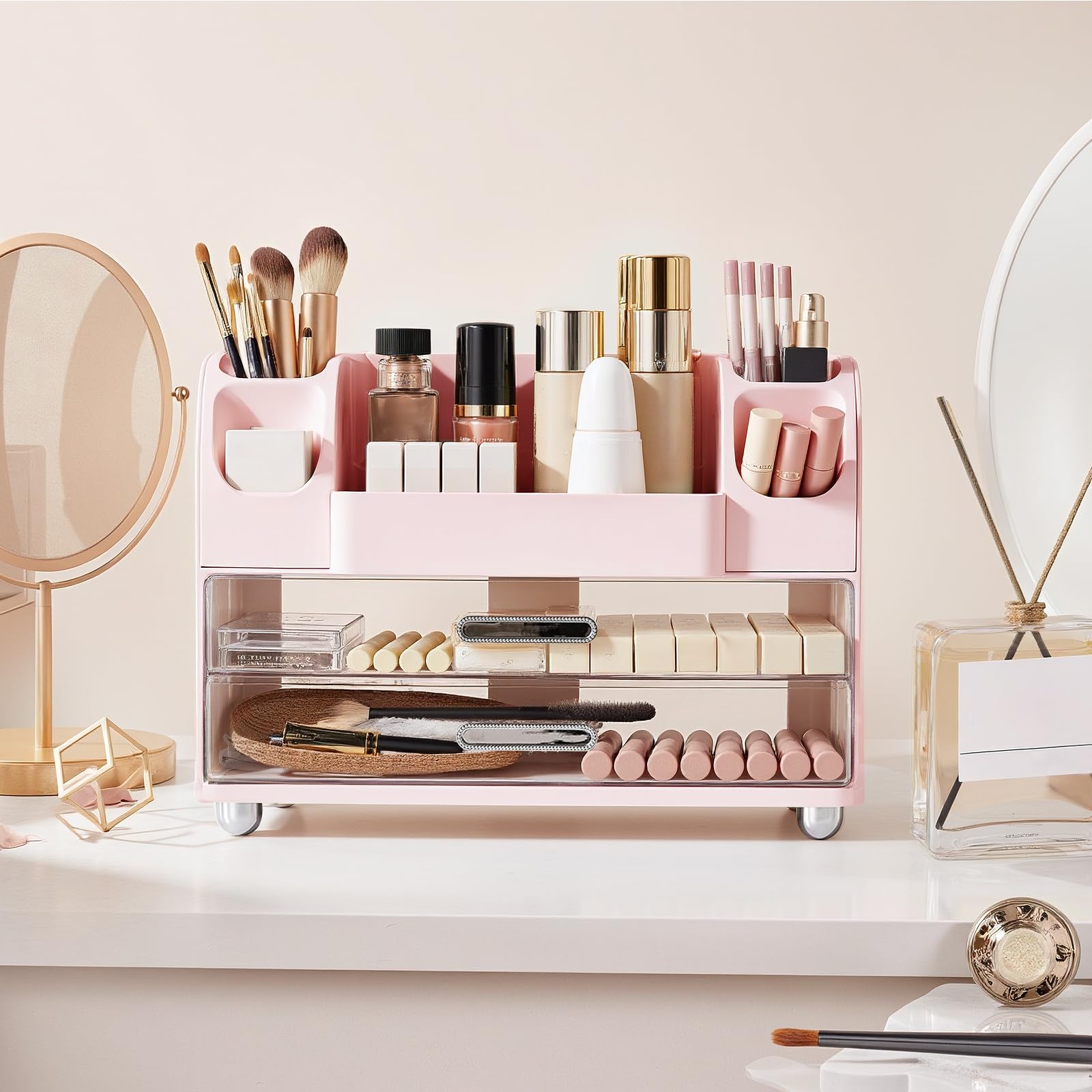 Makeup Organizer for Vanity Countertop with 2 Large Drawers, Spacious Display Cabinet, Partitioned Top Compartment 6 Brush Holde