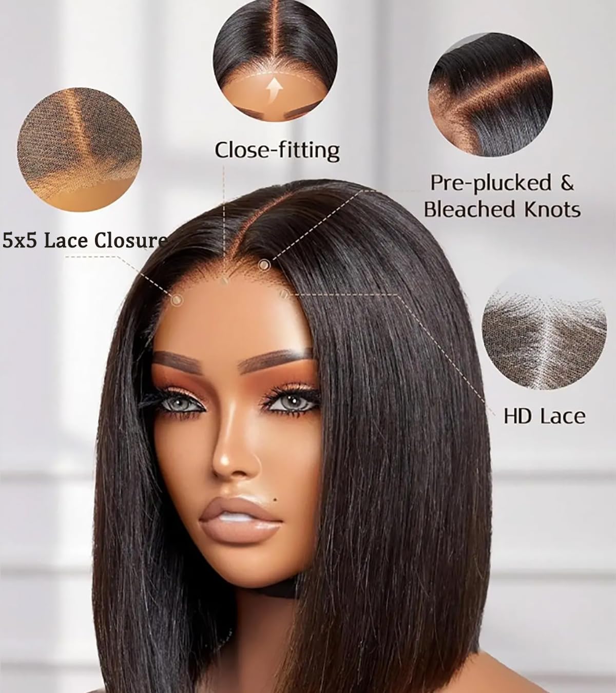 5X5 Bob Wig Human Hair (10 Inch) Straight Closure Bob Wig Human Hair Brazilian Glueless Wigs Human Hair Straight Short Bob Wigs
