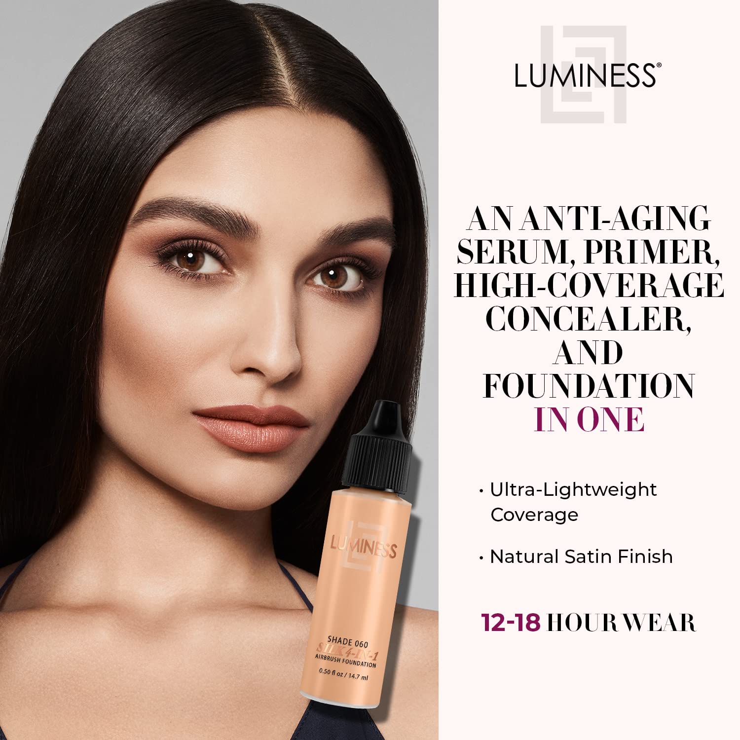 Luminess Air Silk 4-In-1 Airbrush Foundation- Foundation, Shade 060 (.5 Fl Oz) - Sheer to Medium Coverage - Anti-Aging Formula H