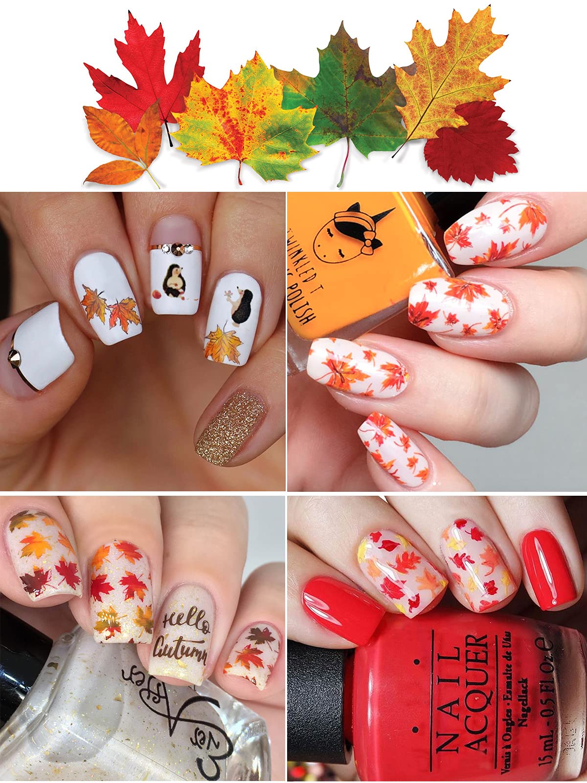 12 Sheets Fall Nail Art Sticker Decals, Ebanku Self Adhesive Maple Leaf Nail Stickers Autumn Thanksgiving Carton Animal Sticker