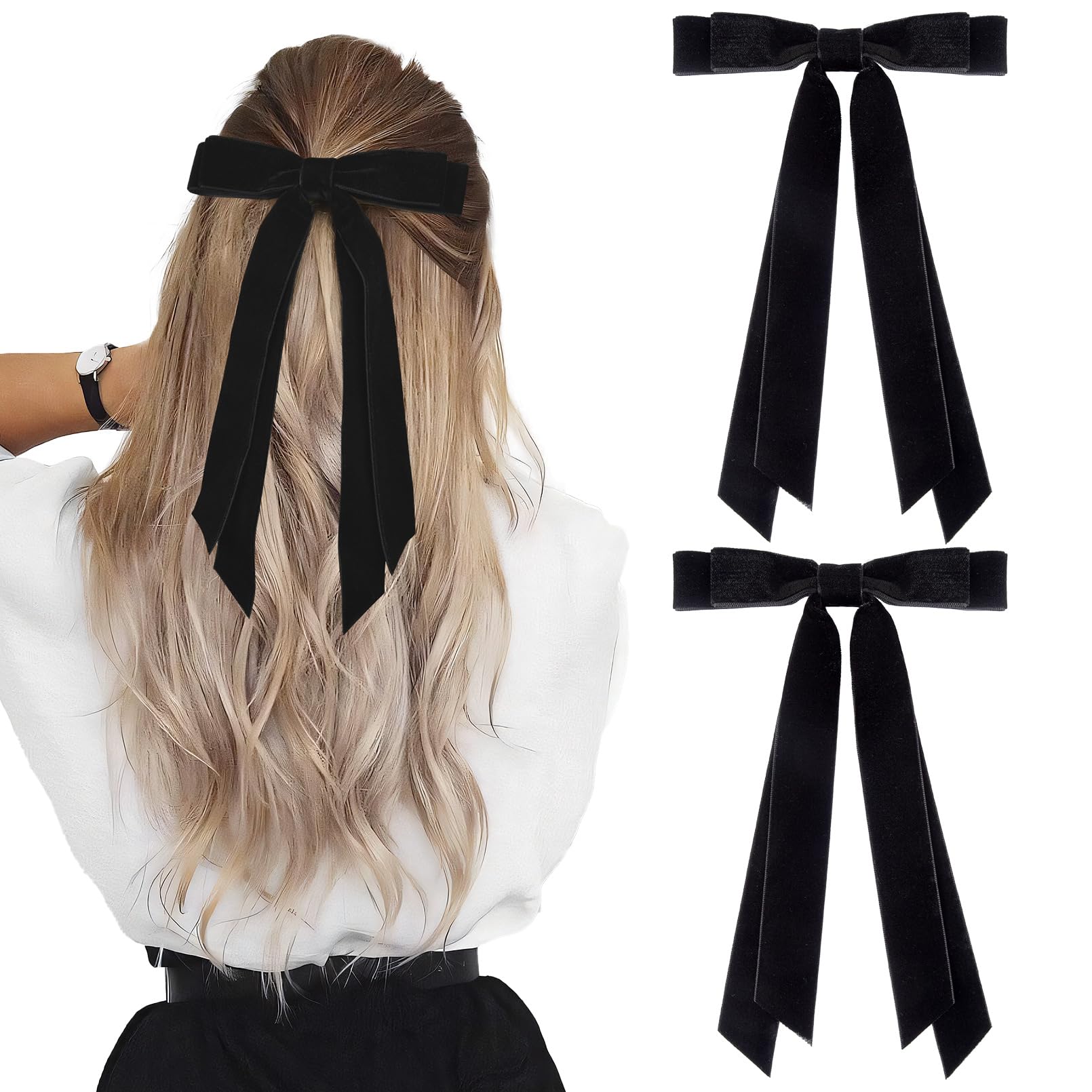 Aileam 2PCS Velvet Hair Bows Ribbon Hair Clip Black Accessories Ponytail Holder Accessories Slides Metal Clips Hair Bow for Wome