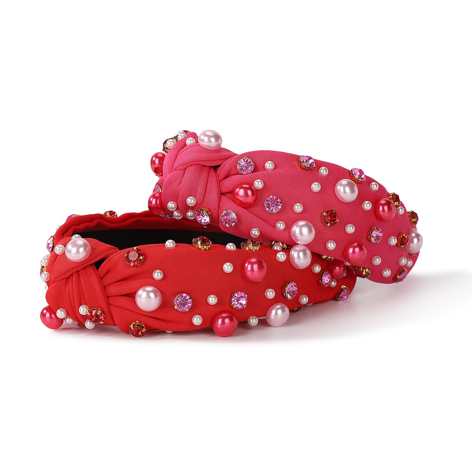 Winthrop 2 Pack Valentine'S Day Headband For Women Pearl Rhinestone Crystal Jeweled Embellished Ladies Wide Top Knot Pink Red Ma
