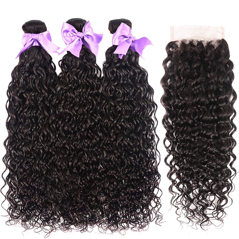 Water Wave Bundles With Closure (16 18 20 +14) Brazilian Virgin Human Hair Curly Wave 3 Bundles With Closure Free Part Wet And W