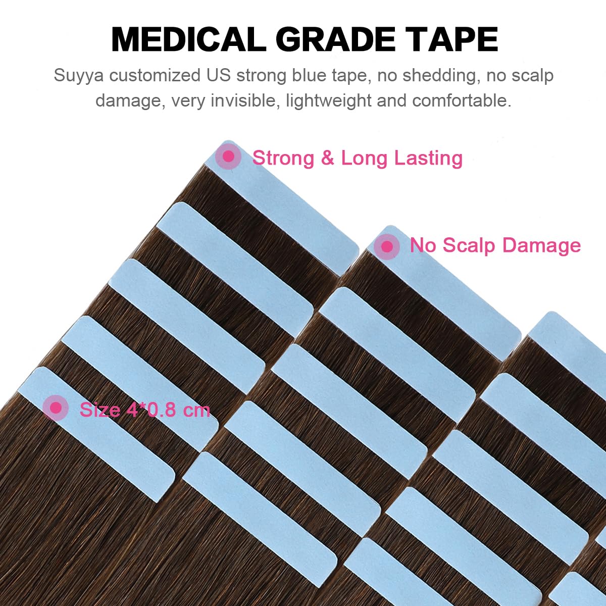Suyya Tape In Hair Extensions Human Hair Chocolate Brown 100% Remy Human Hair 50G/Pack 20Pcs Straight Seamless Skin Weft Tape Ha