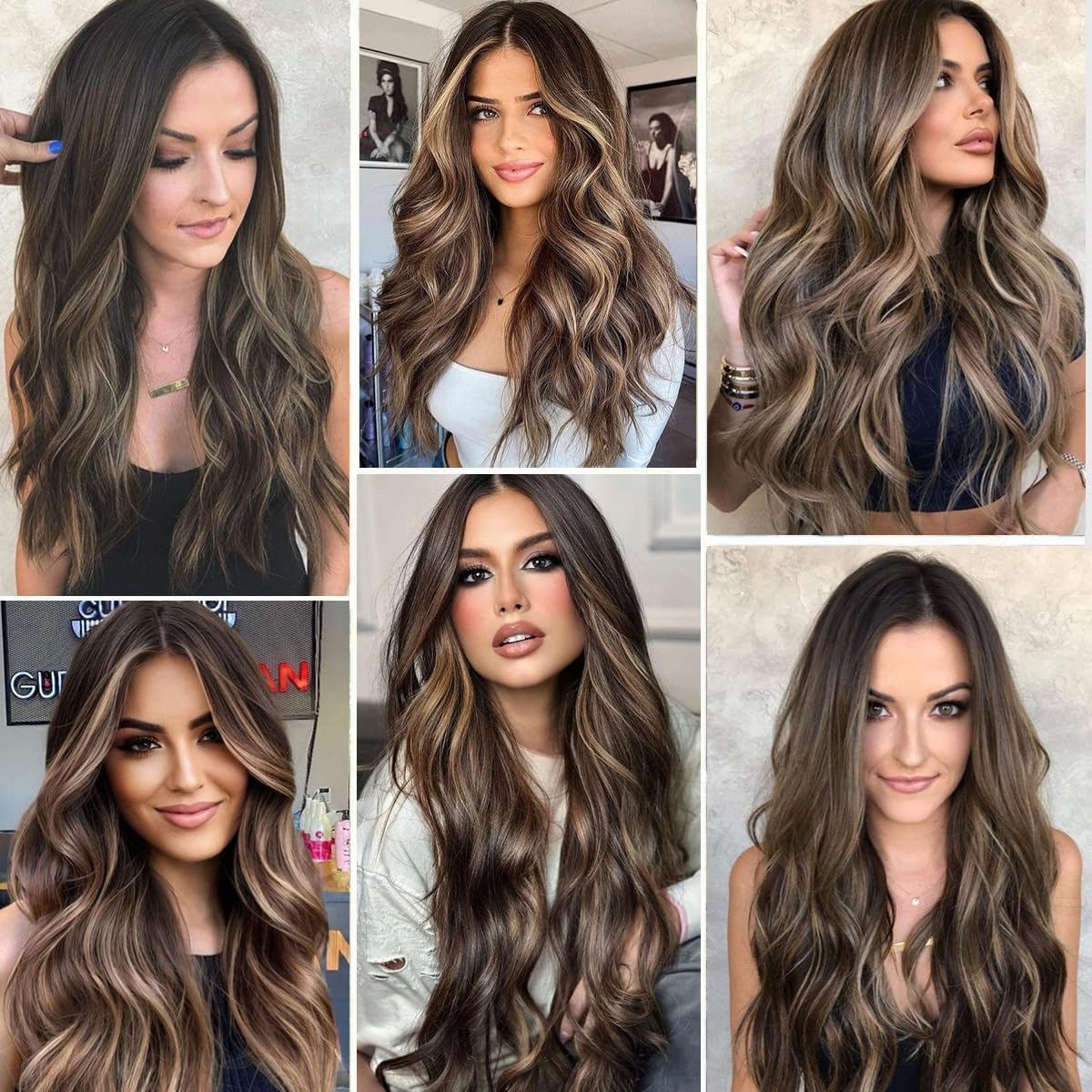 QUEENTAS Long Brown Wigs for Women Natural Synthetic Hair Wavy Wig(Dark Brown Highlight Blonde)