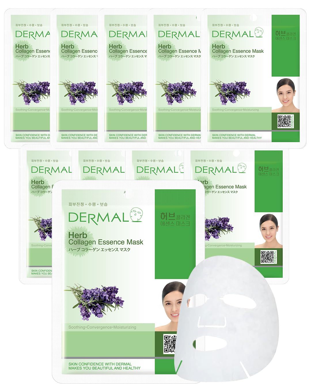DERMAL Herb Collagen Essence Facial Mask Sheet 23g Pack of 10 - Skin Clear and Purifying, Pore Tightening, Calming for Oily Skin
