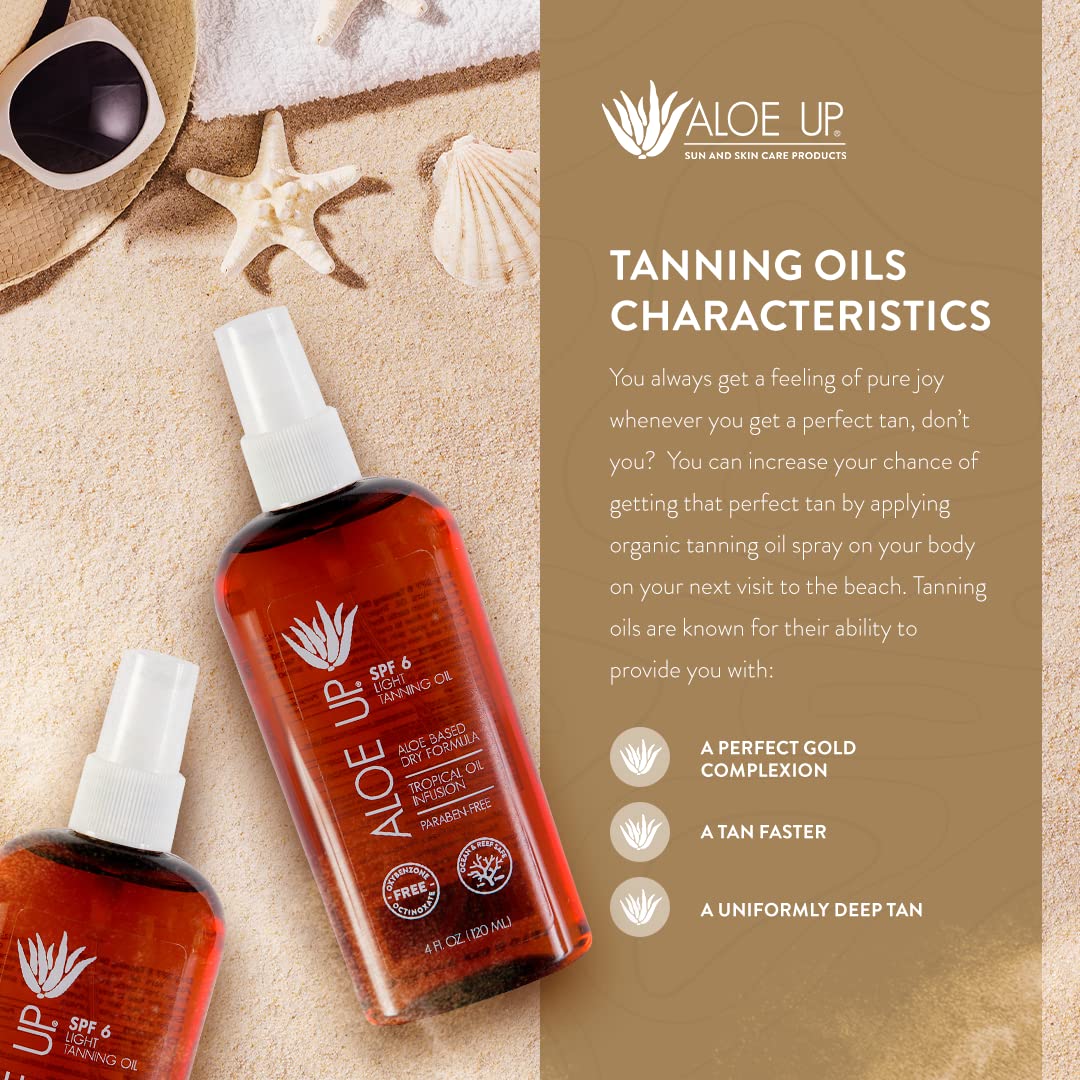 Aloe Up Light Tanning Oil With Spf 6 Sunscreen - Body And Face Tanning Oil For Outdoor Sun - With Pure Aloe Vera Oil And Natural