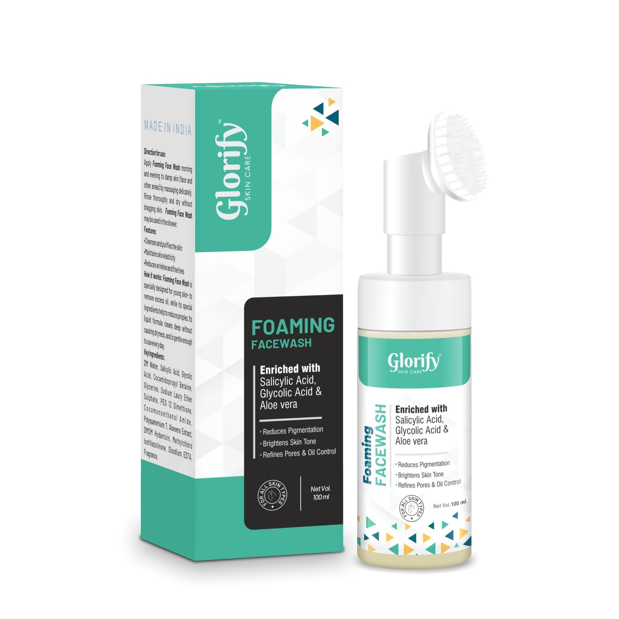 Glorify Salicylic Acid Face Wash | Glycolic Acid | Foaming Face Wash | BuiltIn Face Brush | Reduce Pigmentation, Brighten Skin 