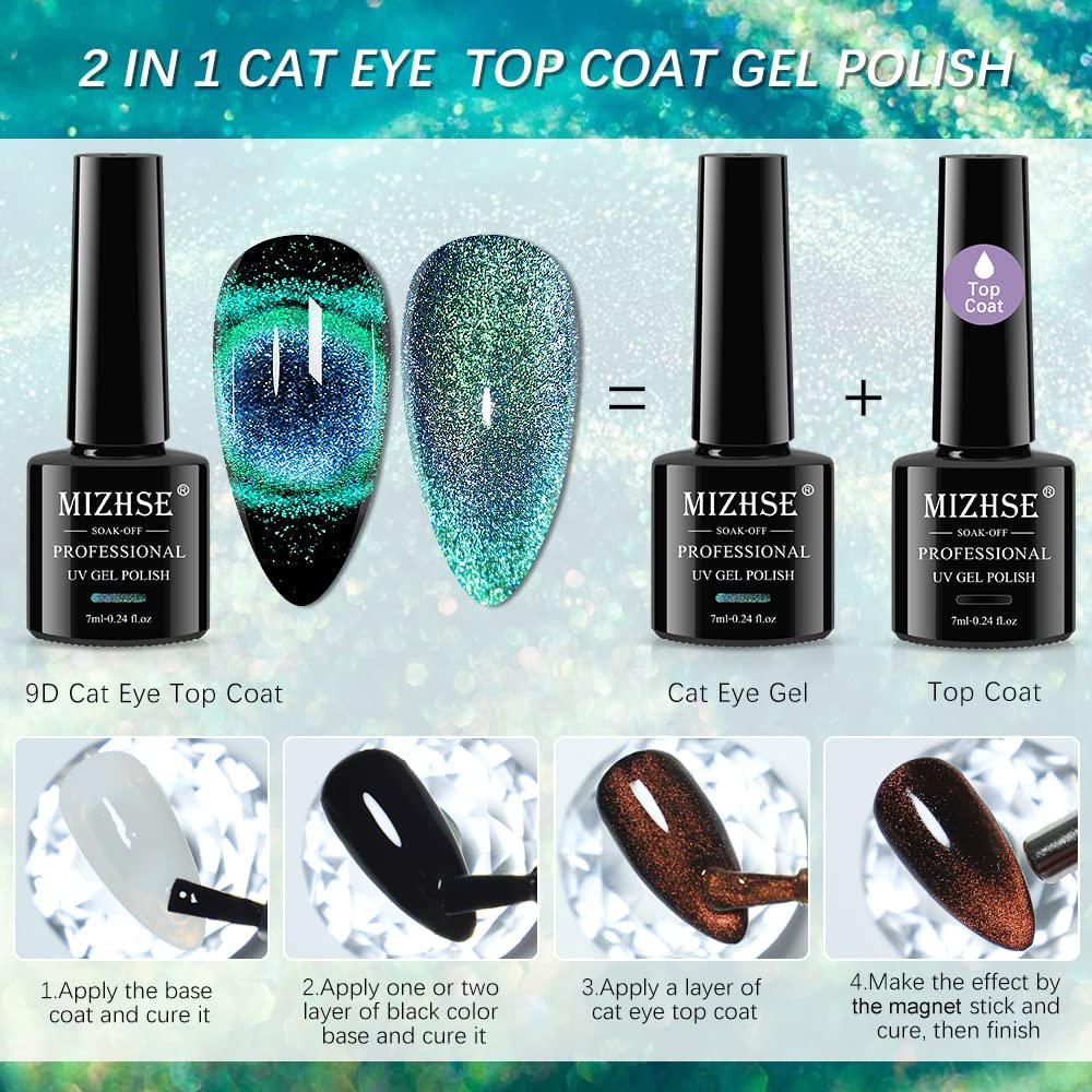 Mizhse 2 In 1 9D Cat Eye Gel Nail Polish Kit, Upgraded No Need Extra Top Coat, Magnetic Gel Polish Set With Magnet, Shiny Chamel