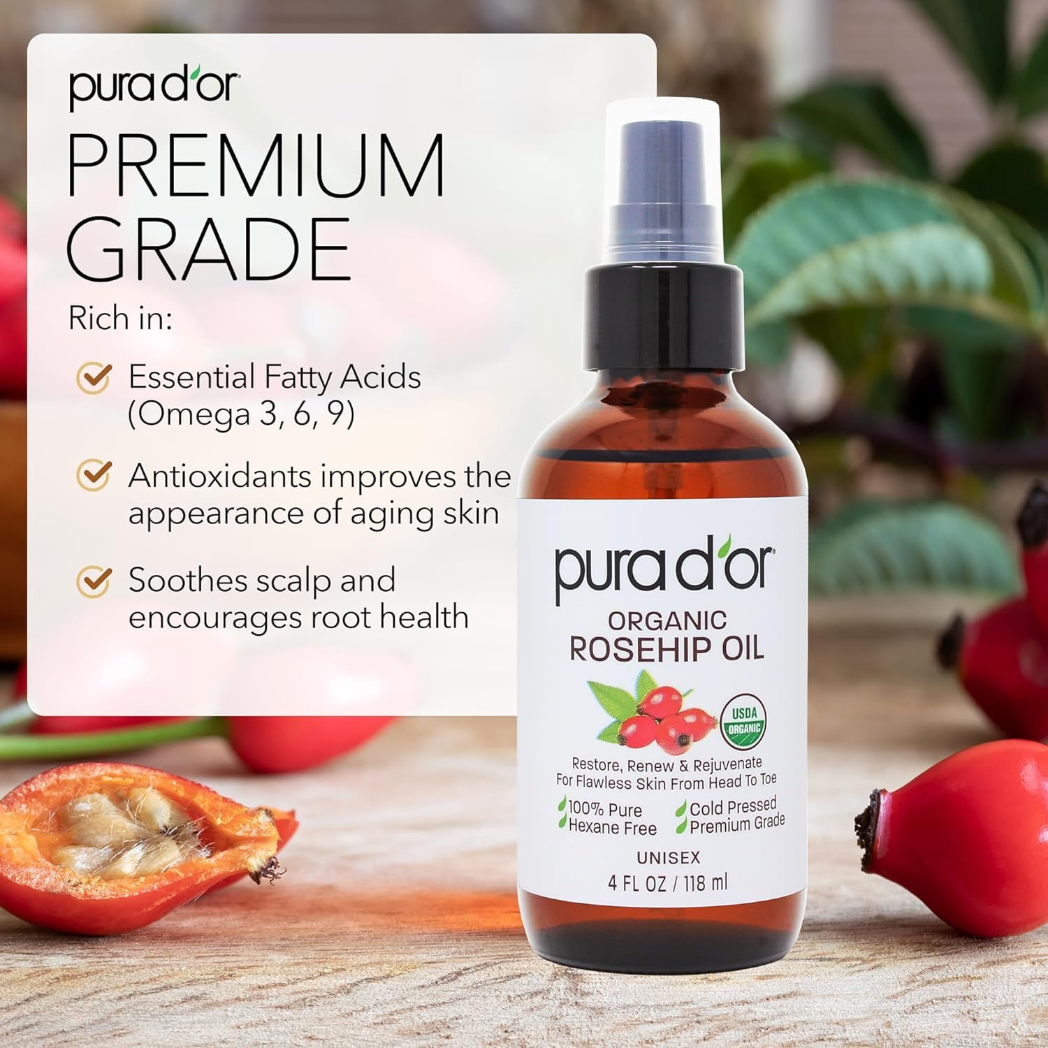 Pura D'Or Organic Rosehip Seed Oil Hair Relaxer (4 Oz X3 = 12 Oz) 100% Pure Cold Pressed Usda Certified All Natural Anti-Aging,