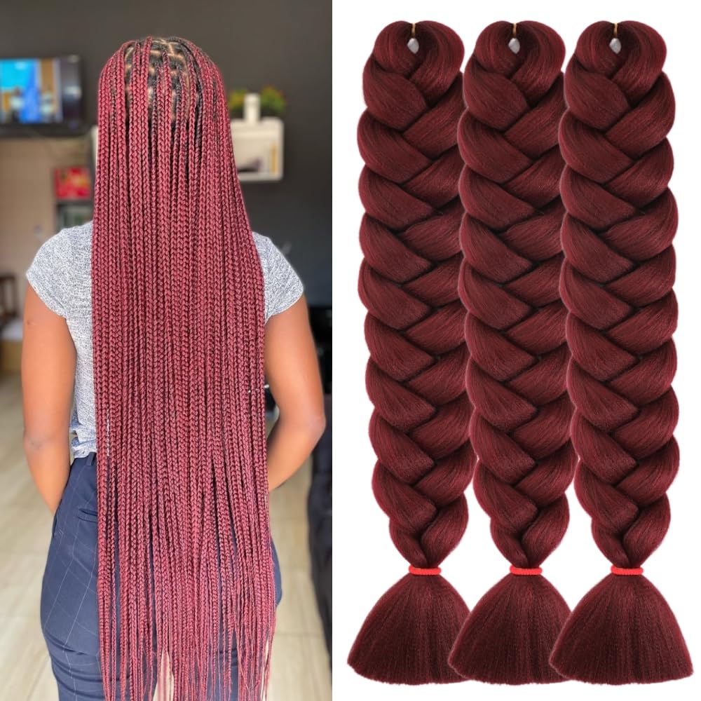 Burgundy Braiding Hair Pre Stretched 42 Inch for Knotless Braids Long Synthetic Box Braiding Hair for Women