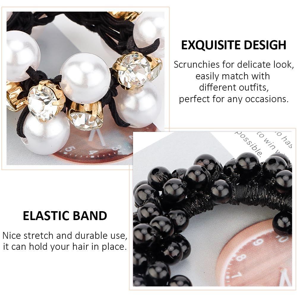 Ahoney 9Pcs Black Hair Ties Elastic Hair Scrunchies Hold Crystal Pearls Beads Bulk Hair Ropes Stretchy Handmade Hair Accessories