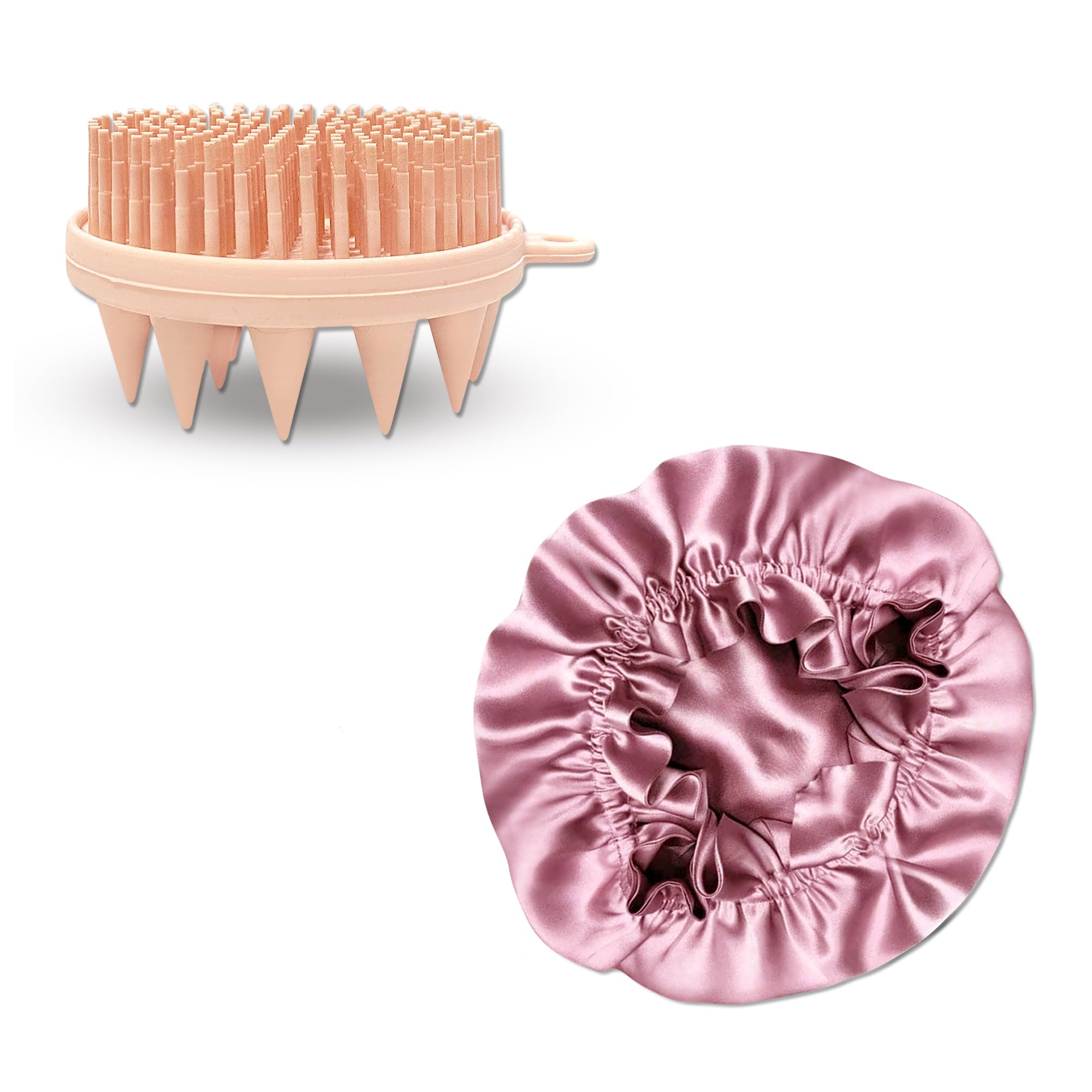 GLUN 2 in 1 Bath Brush and Hair Care Bonnet Cap Combo, Prevents From Breakage Pink Satin Elastic Closing Bonnet for Curly & Natu