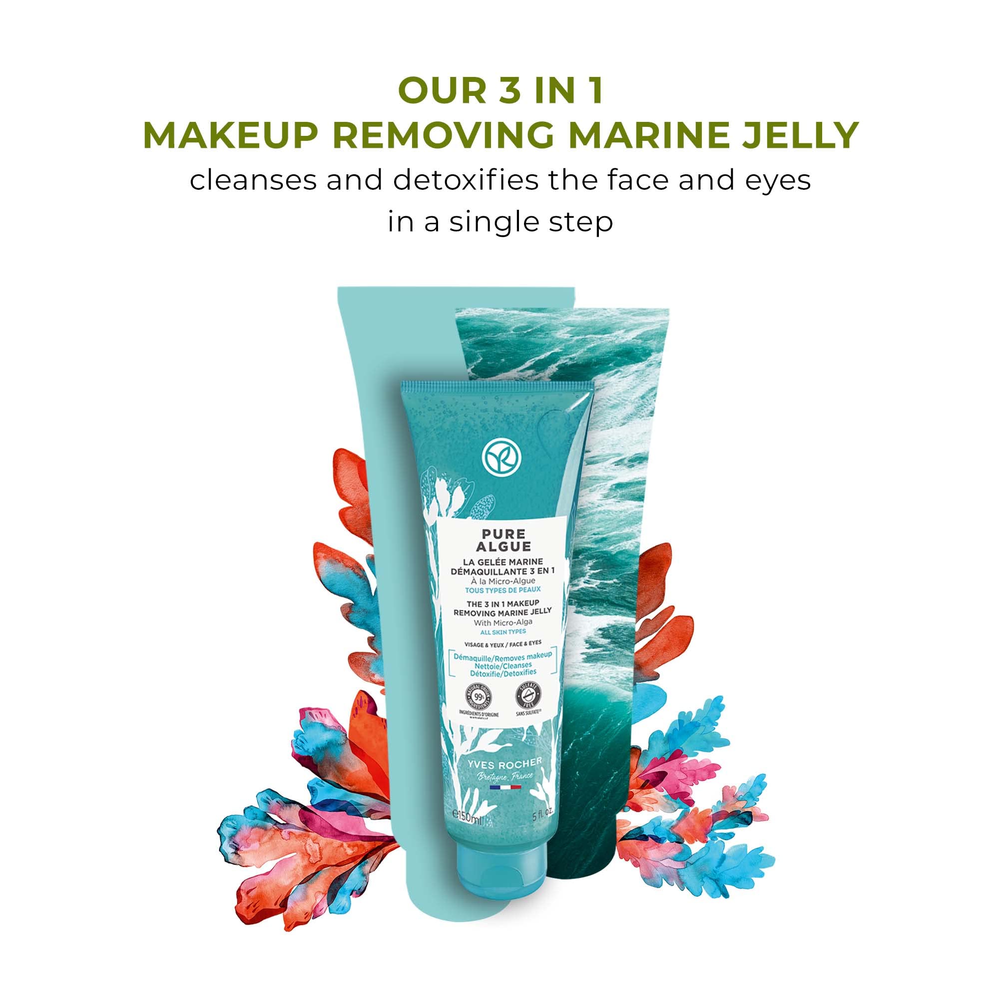 Yves Rocher 3 in 1 Makeup Removing Marine Jelly for Normal to Combination Skin - Pure Algue - 5 Oz - 1 Ct