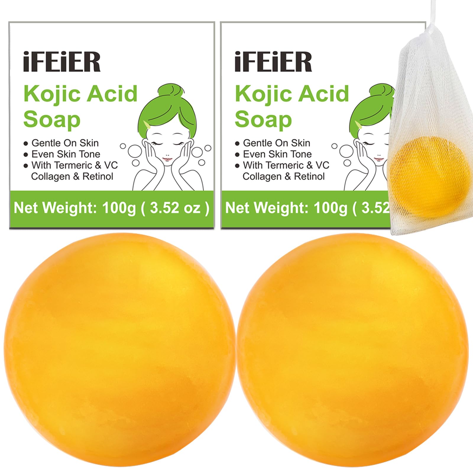 iFEiER Kojic Acid Soap Bars 200g(7.04 oz) 2PACK, Vitamin C soap, Vitamin E soap, Retinol Vitamin A soap, Collagen soap, Turmeric