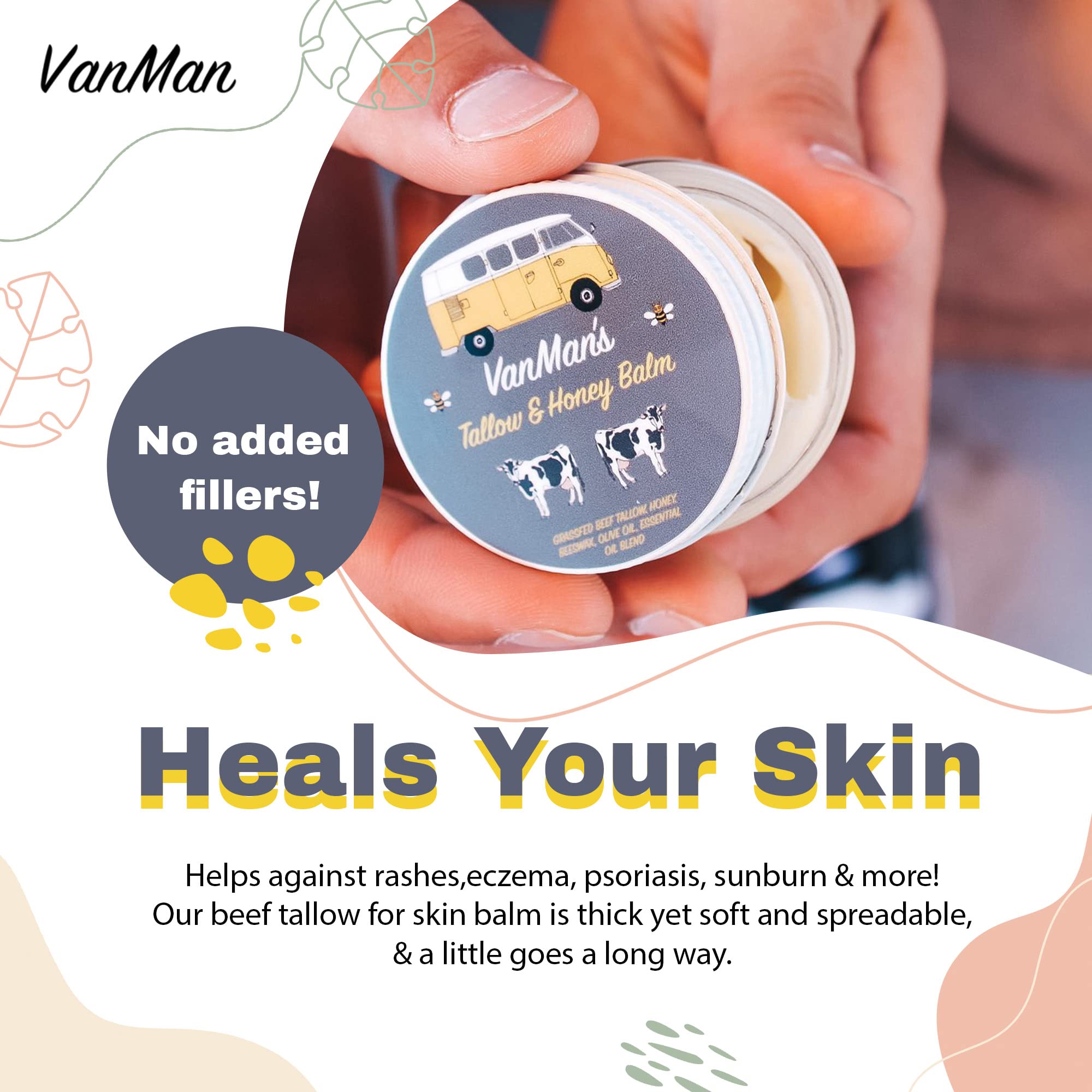 Vanmans Tallow and Honey Balm (2 oz) - 3 Pack - Beef Tallow Grass Fed Honey Balm w/Vitamins A, K, D, E, & Essential Oils - Beef