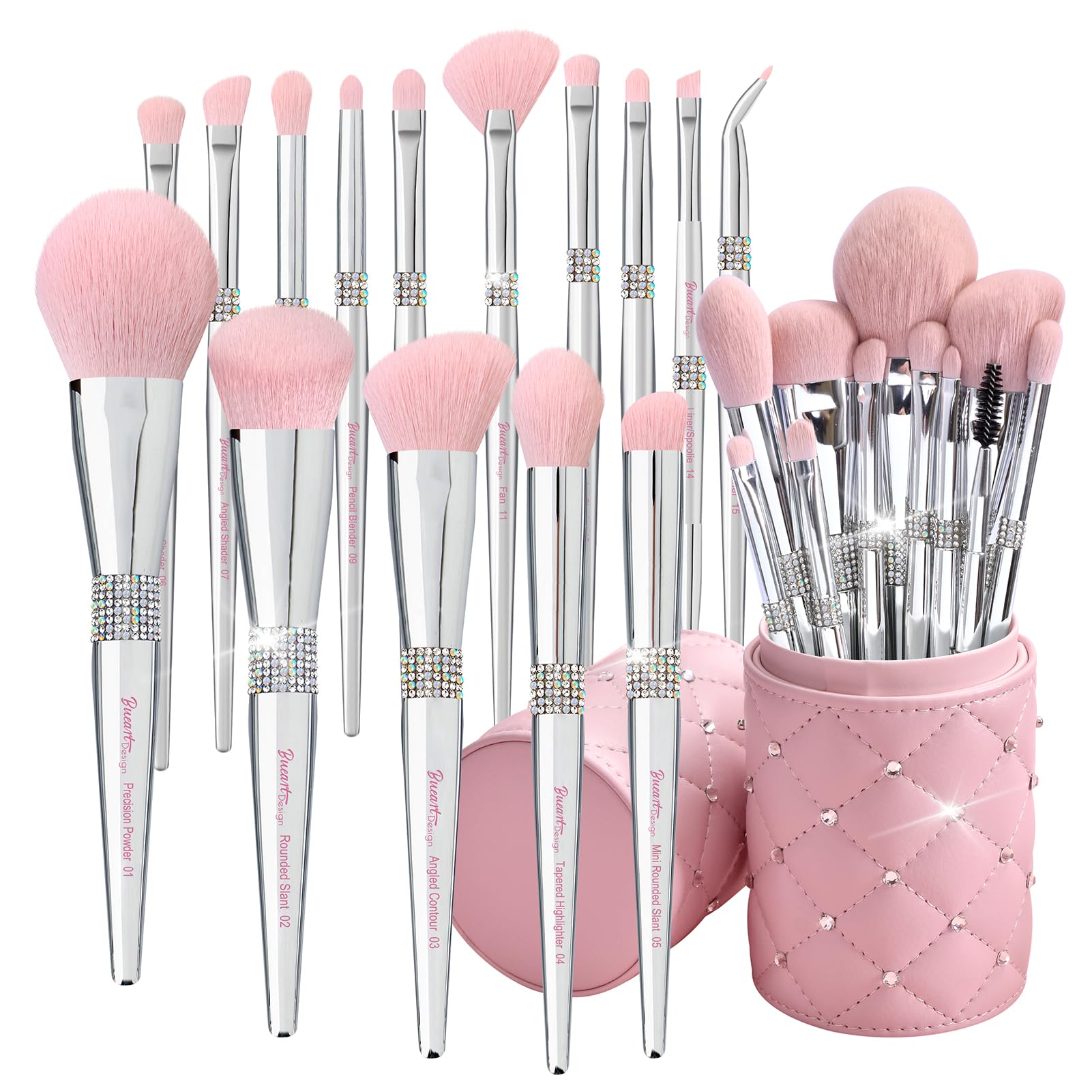 Bueart Design Elegant Pink Ultra Soft Labeled Makeup Brushes Sets With Brush Holder Makeup Brush Set With Foundation Powder Blus