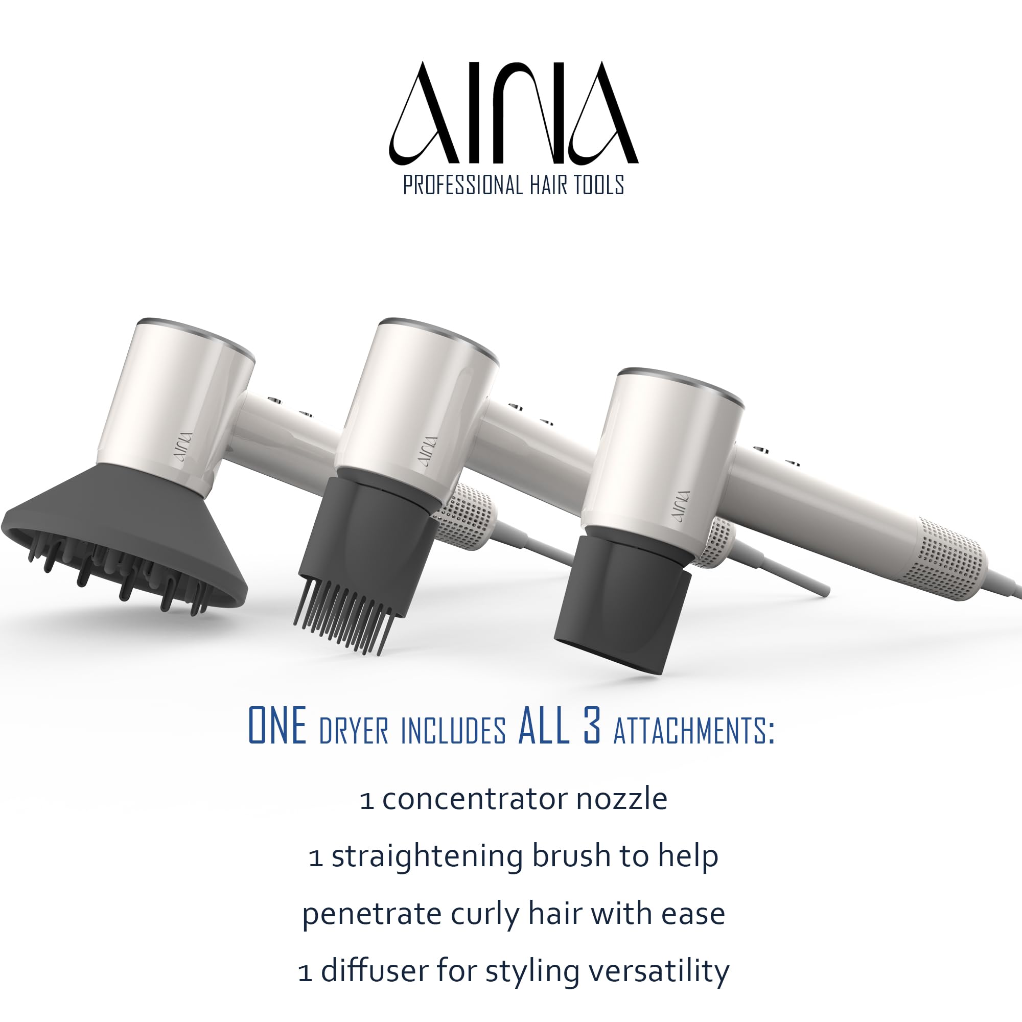 Aina Hair Dryer, Blow Dryer With Diffuser Brush Comb For Women - Bldc Hair Dryer - Brushless Motor, 110,000 Rpm Lightweight, Ion