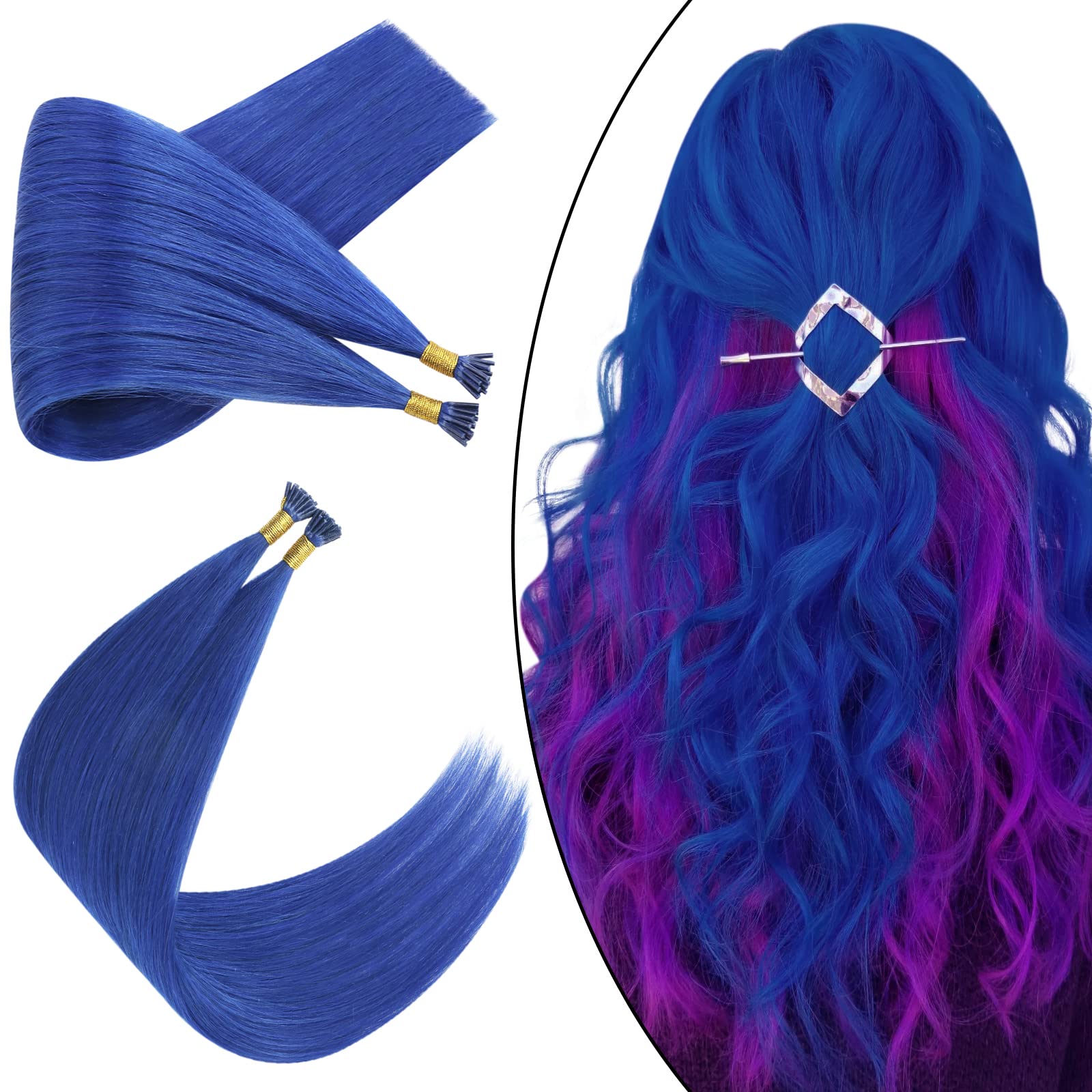 Ugeat 22 Inch Blue Itip Hair Extensions Real Human Hair Keratin I Tip Extensions Human Hair 25s Hair Extensions for Kids Blue I