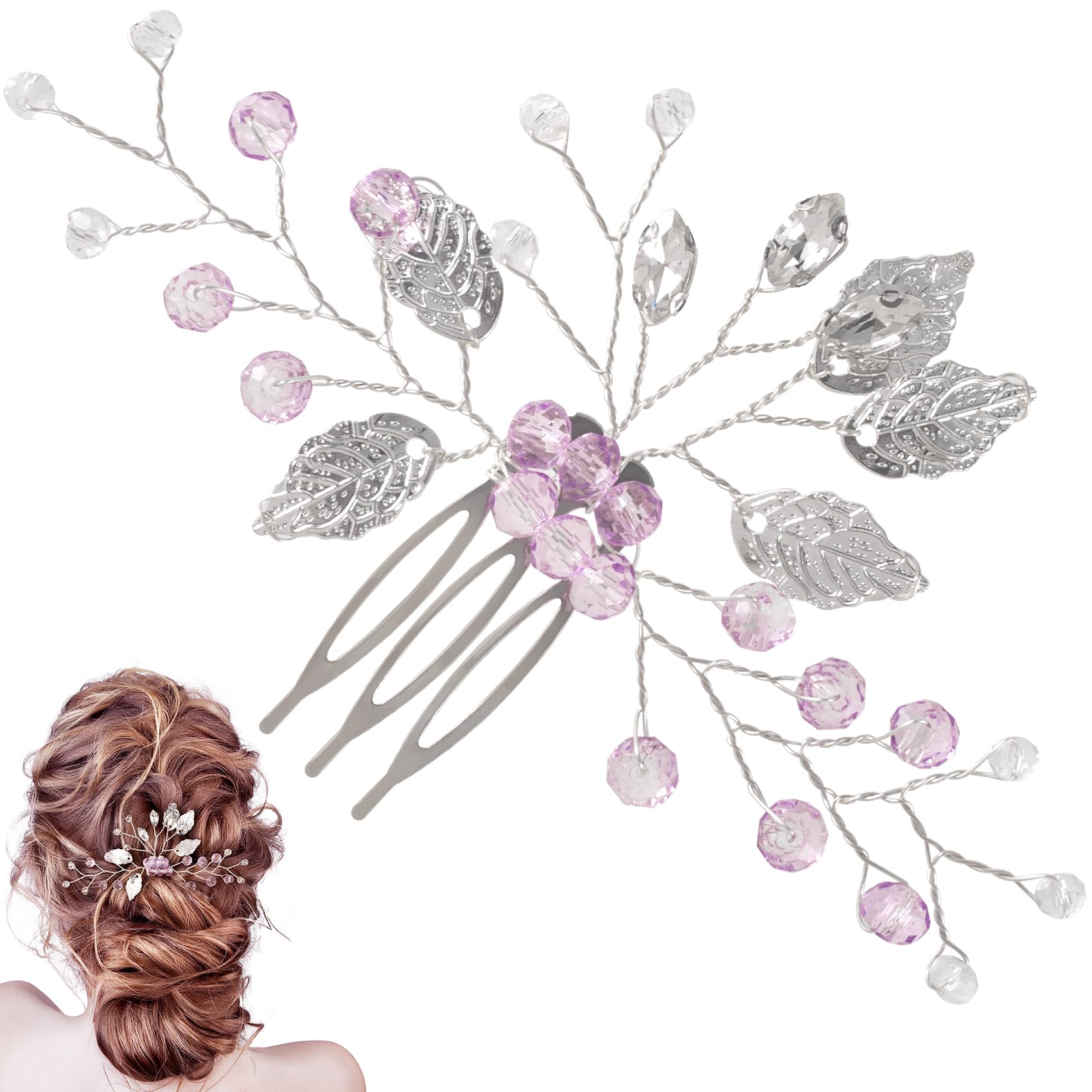 PAGOW 1 Pcs Leaf Hair Combs, Purple Rhinestone Hair Comb Clips, Hair Side Comb Clips, Crystal Wedding Headpiece Accessories For 