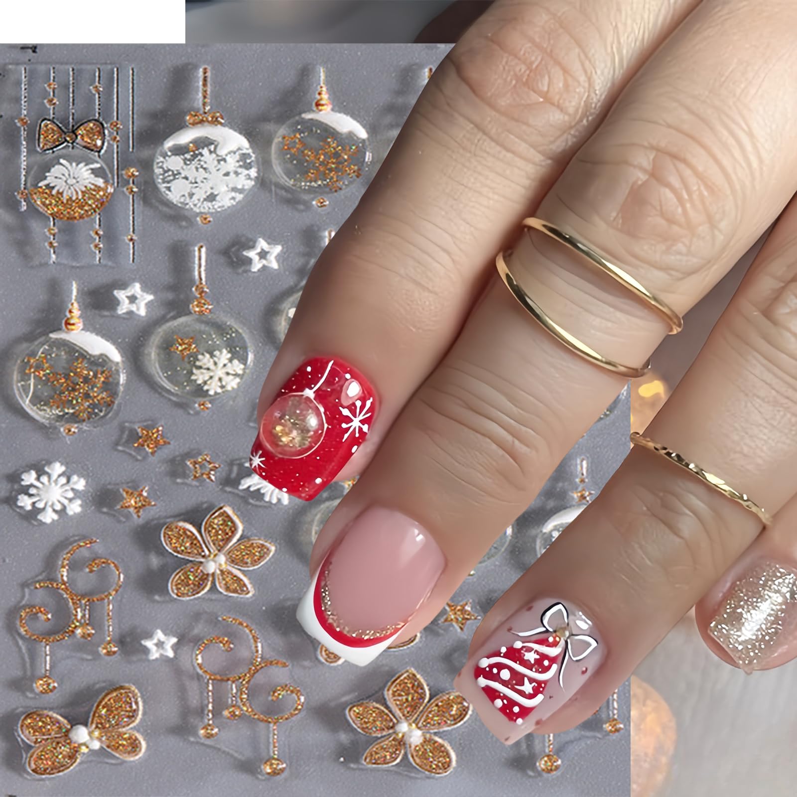Christmas Nail Art Stickers Exquisite Embossed 5D Self-Adhesive Elk Snowflakes Bell Nail Decals Gold White Snowman Xmas Tree Lan