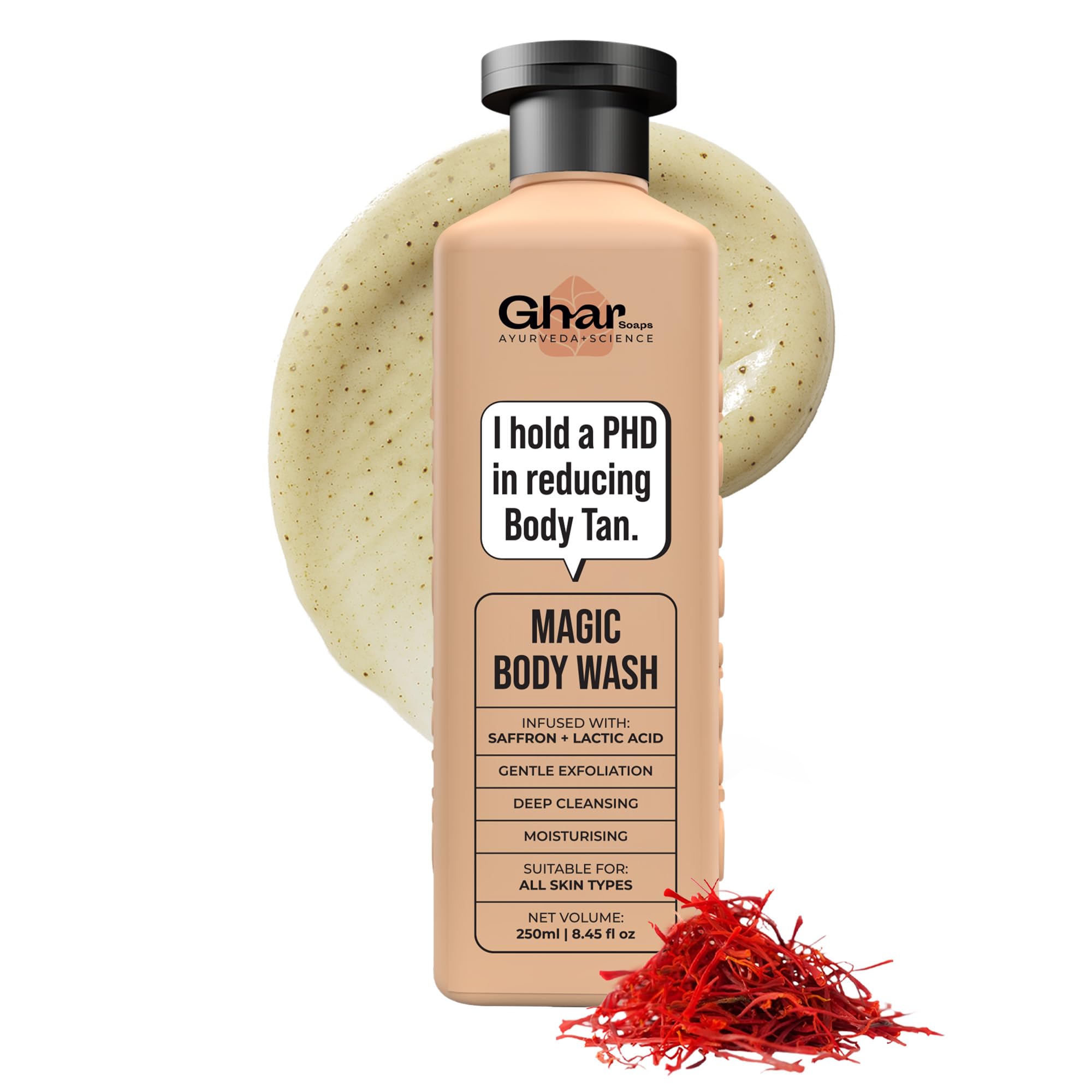 Ghar Soaps Magic De-Tan Body Wash For Tan Removal 250Ml | Exfoliating Body Wash With Saffron, Lactic Acid & Niacinamide | Reduce
