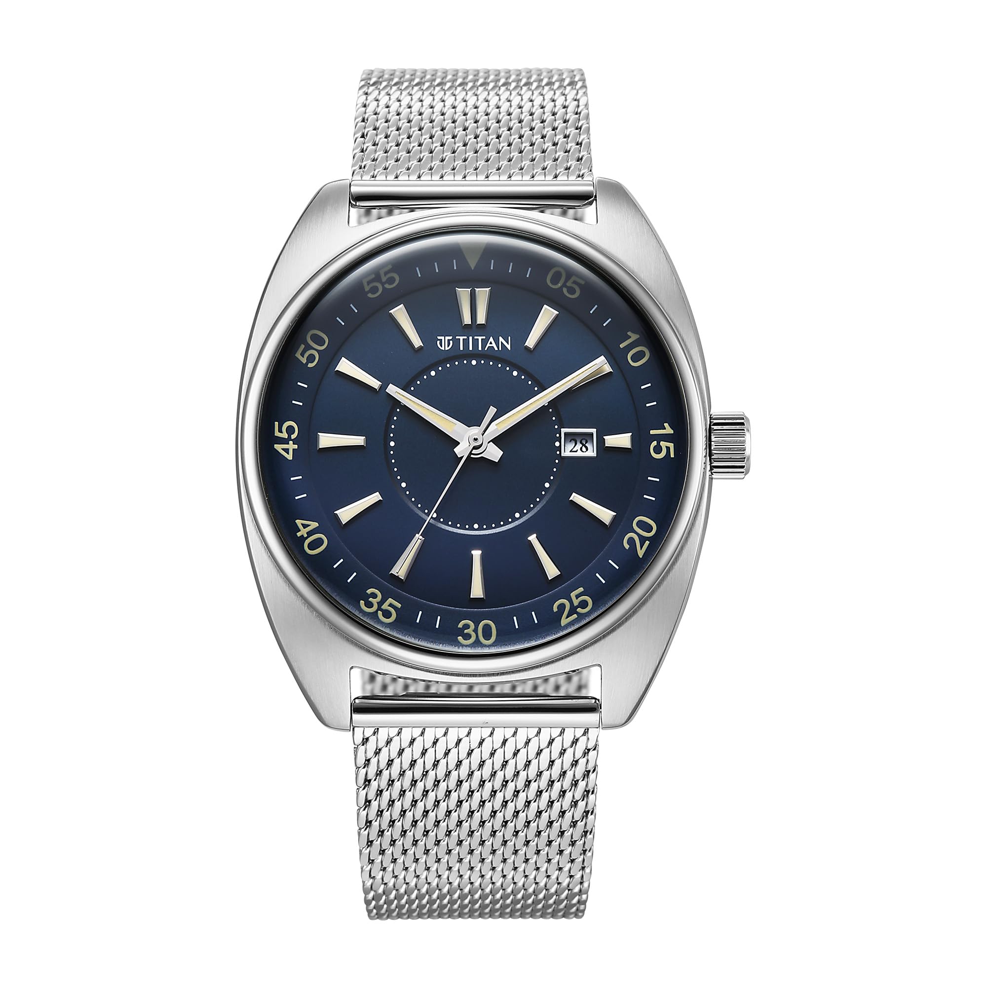 Titan Tonneau Analog With Date And Blue Dial Mesh Stainless Steel Strap Watch For Men  90211Sm01