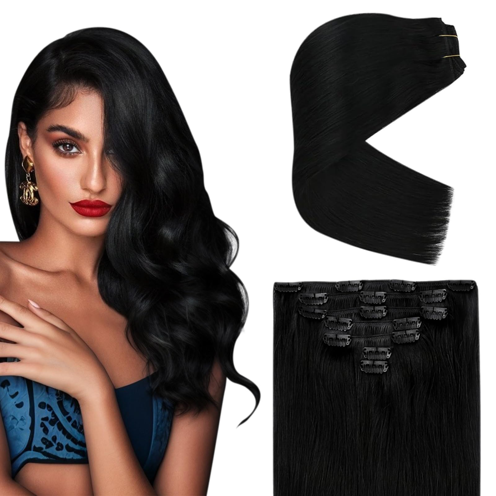 Ve Sunny Clip In Hair Extensions Jet Black Clip On Hair Extensions Human Hair For Women Black Hair Extensions Clip In Human Hair