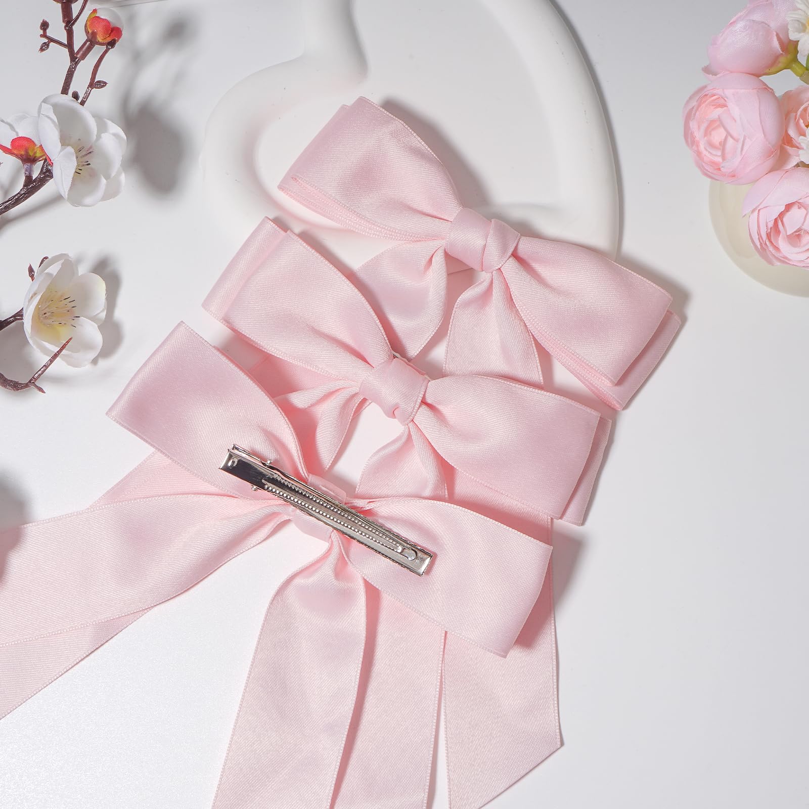 3Pcs Pink Hair Bows For Women Double-Layer Long Tail Bow Hair Clip Hair Ribbon Ponytail Holder Hair Accessories For Girls Toddle