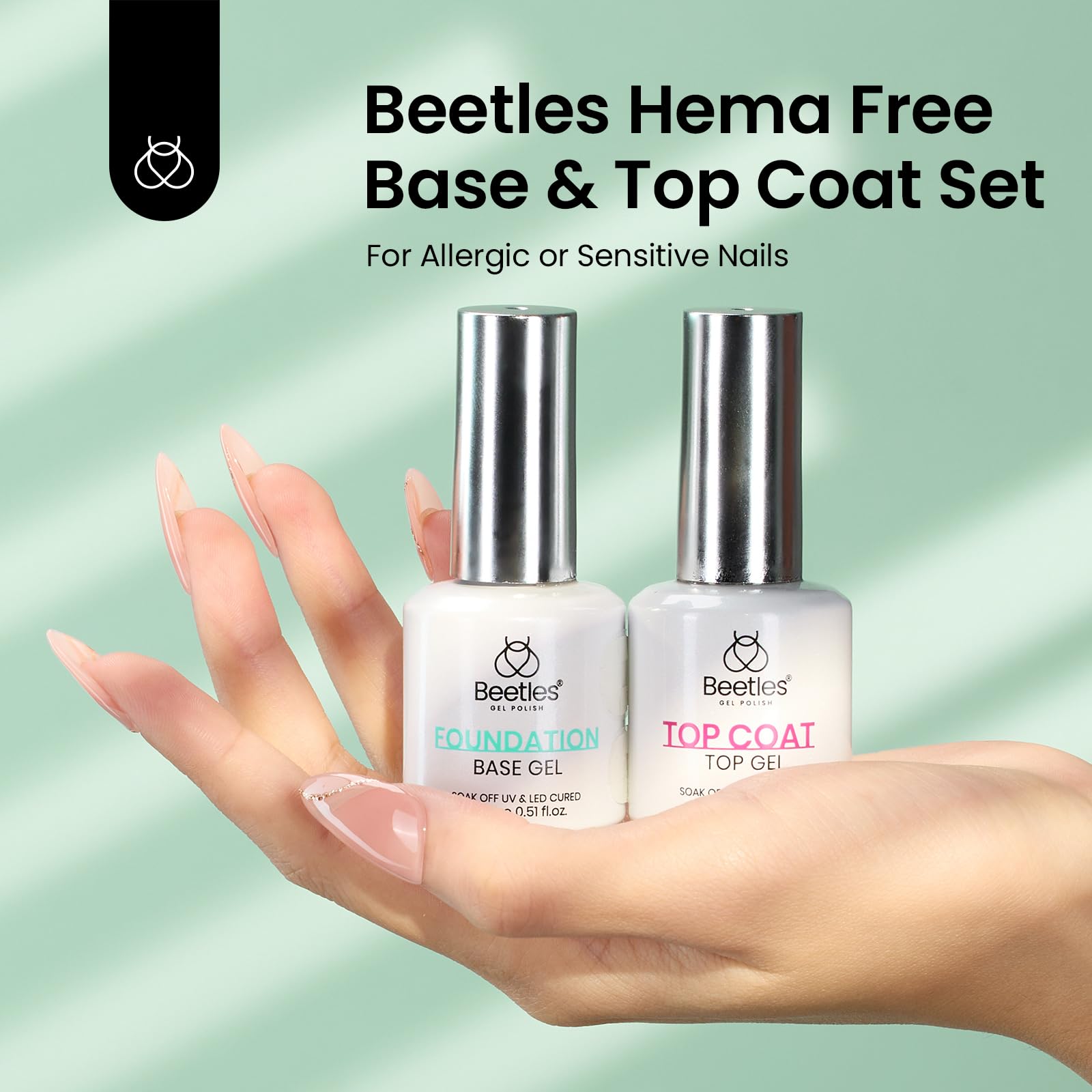 Beetles 2Pcs Hema Free Gel Base And Top Coat Set No Wipe, Upgraded Mild Formula Glossy Top Coat Long Lasting Effect Soak Off No