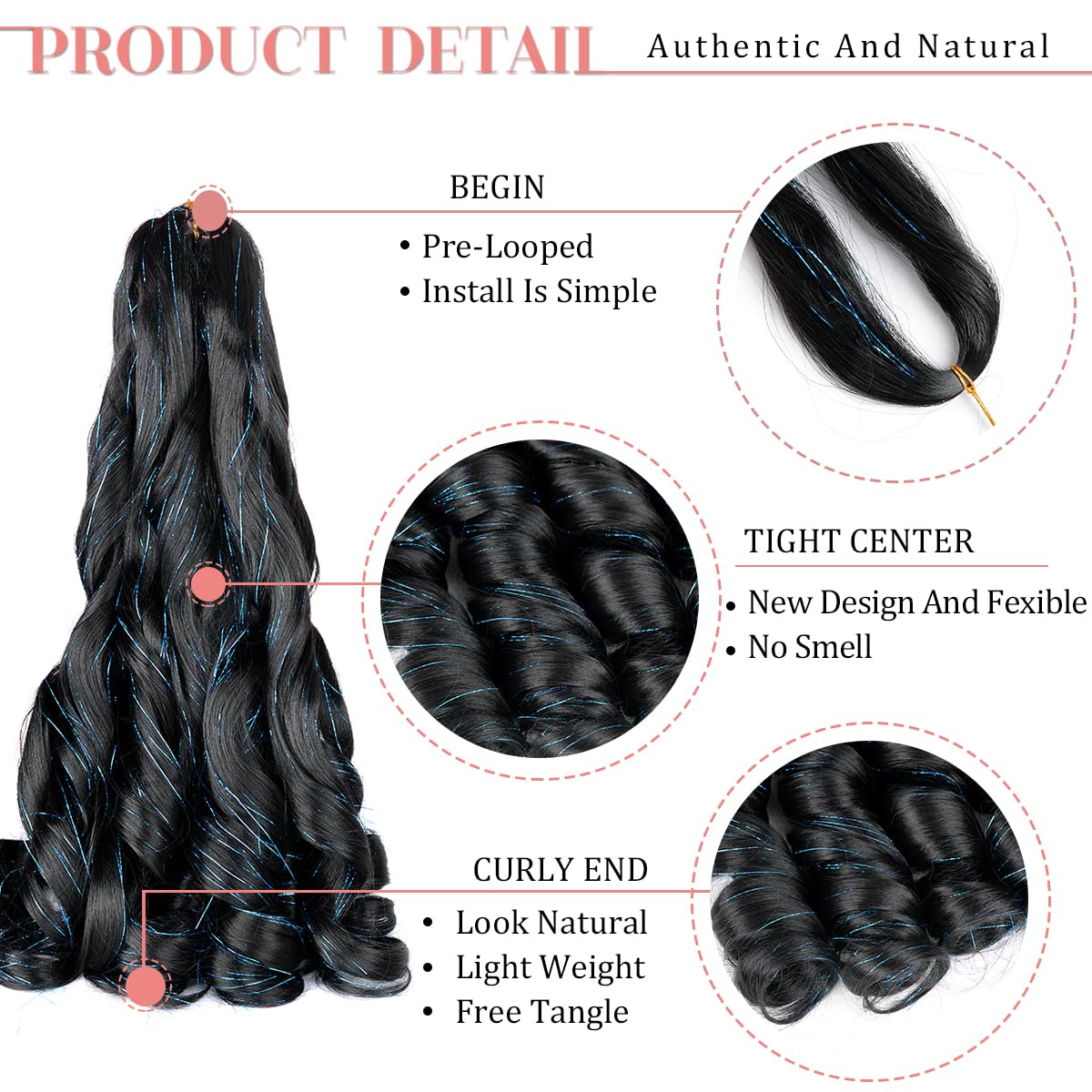 French Curly Braiding Hair 24 Inch Loose Wavy 8 Packs Bouncy Braiding Hair Extensions With 1B/Blue Hair Tinsel 75G/Pack Syntheti