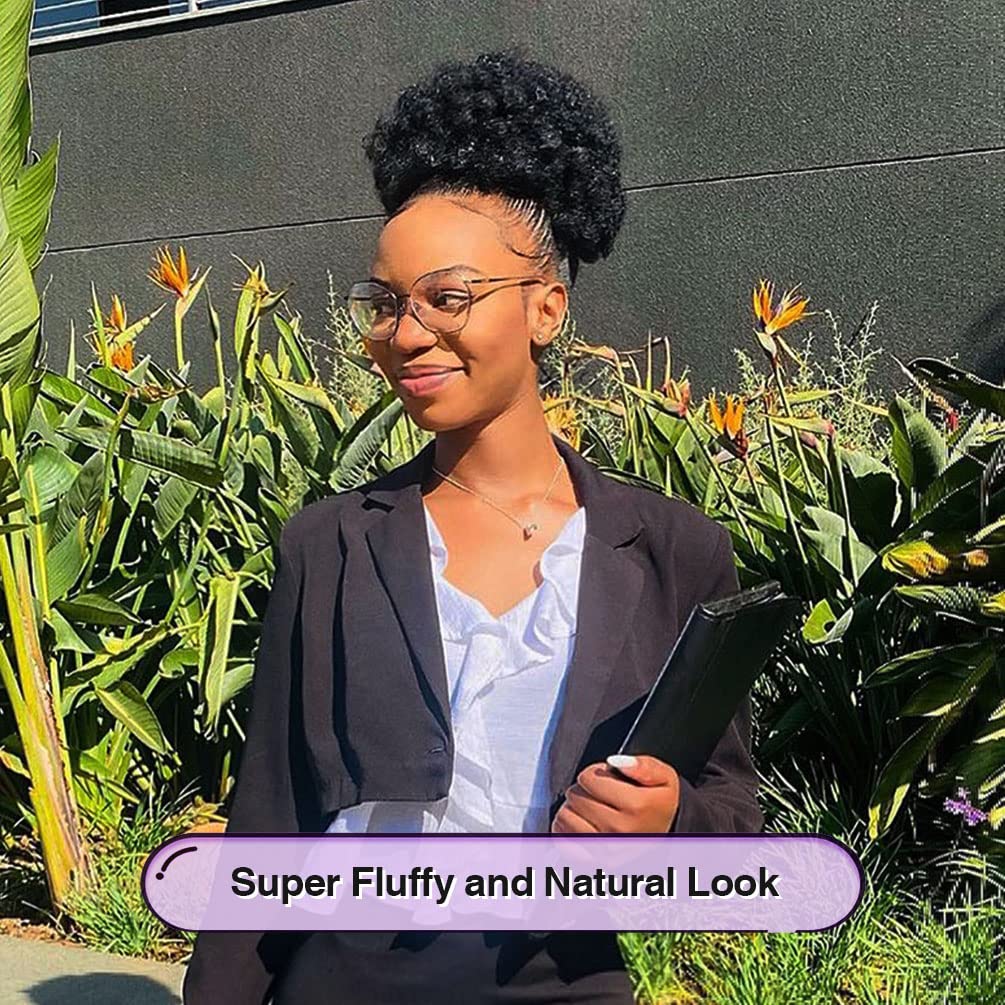 Yeame Afro Puff Drawstring Ponytail For Black Women, Short Kinky Curly Afro Ponytail Synthetic Hair Puffs, Premium Black Afro Bu