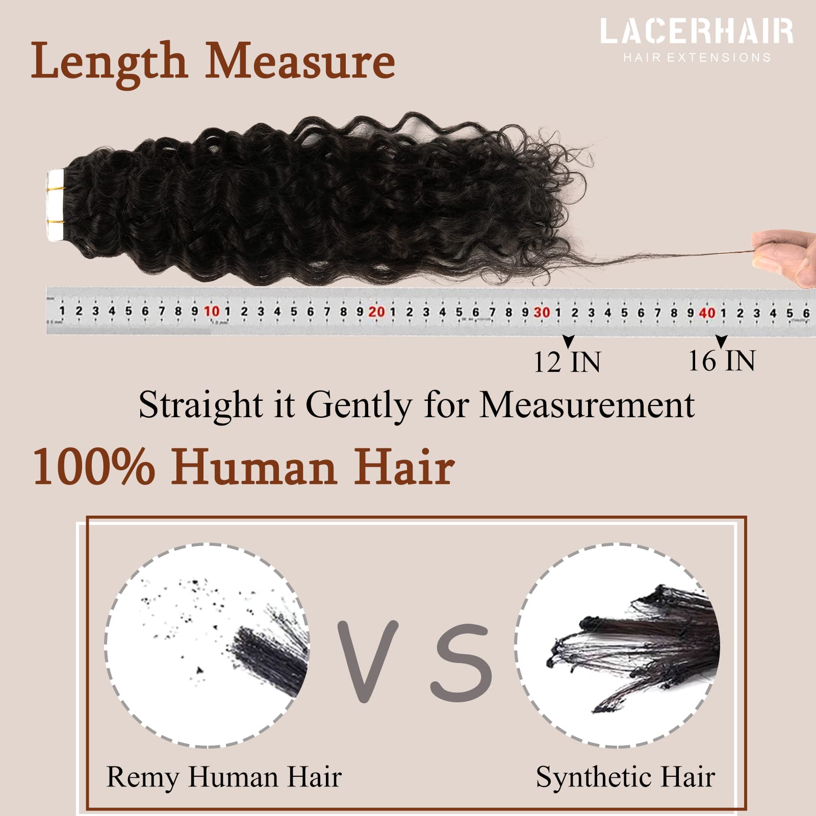 Lacer Curly Tape In Hair Extensions Real Human Hair Extensions 14 Inch Natural Black 1B Color, Tape In Hair Extensions Human Hai