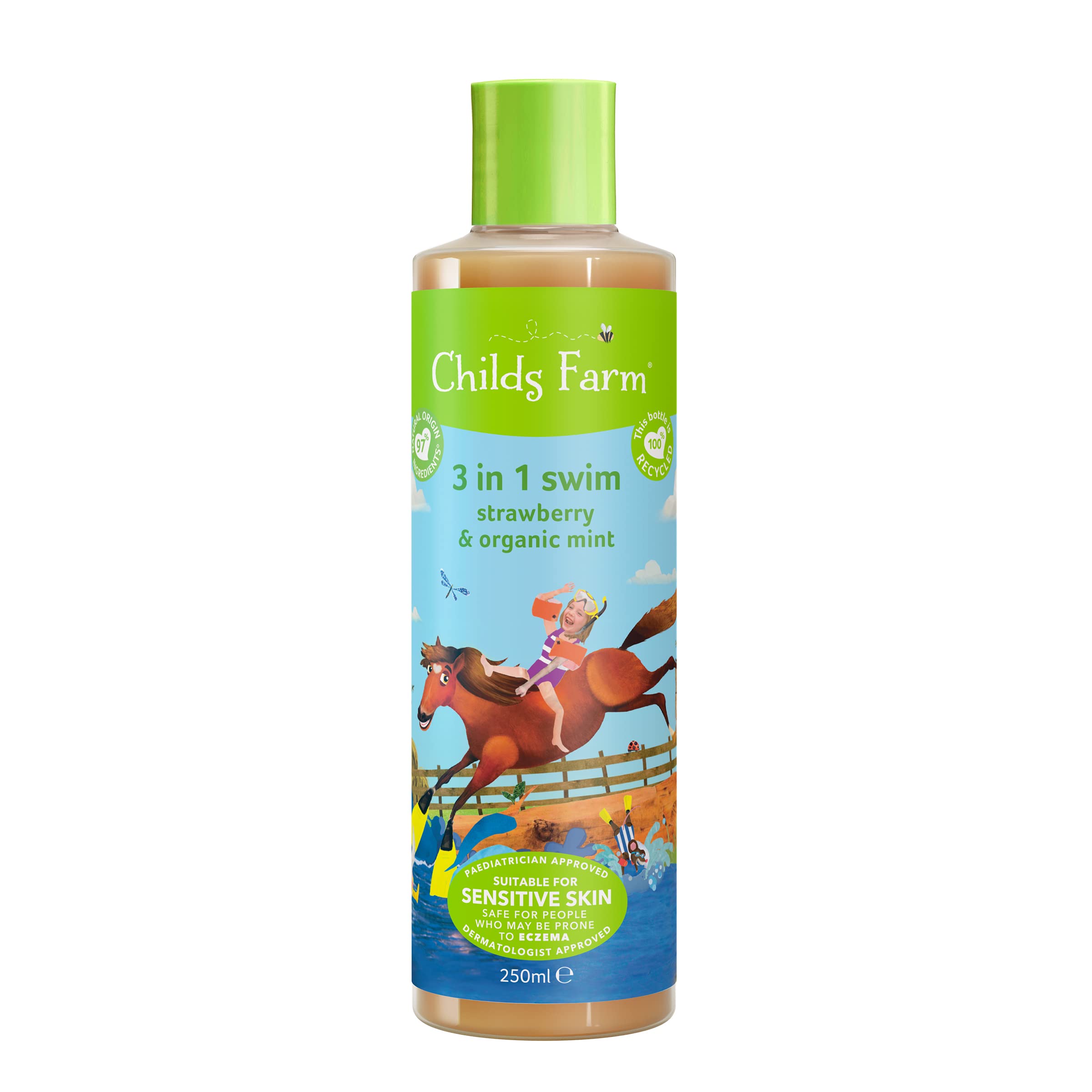 Childs Farm, Kids 3 in 1 Swim, Strawberry and Organic Mint 250 ml, Body Wash, Shampoo and Conditioner, Suitable for Dry, Sensiti