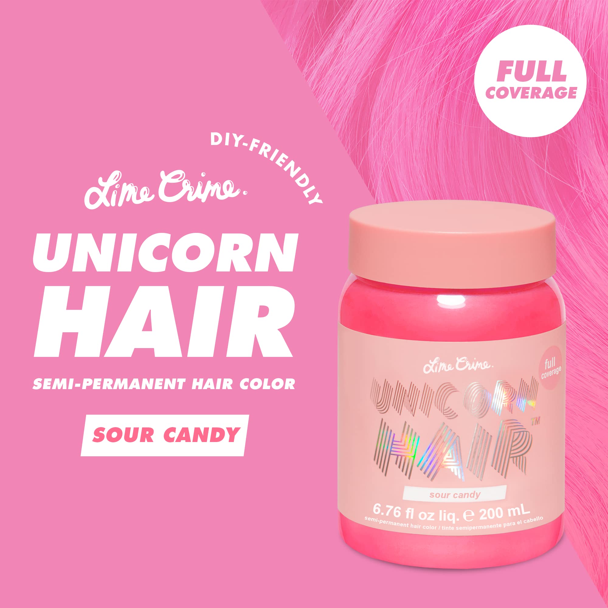 Lime Crime Unicorn Hair Dye Full Coverage, Sour Candy (Bright Pink) - Vegan and Cruelty Free Semi-Permanent Hair Color Condition