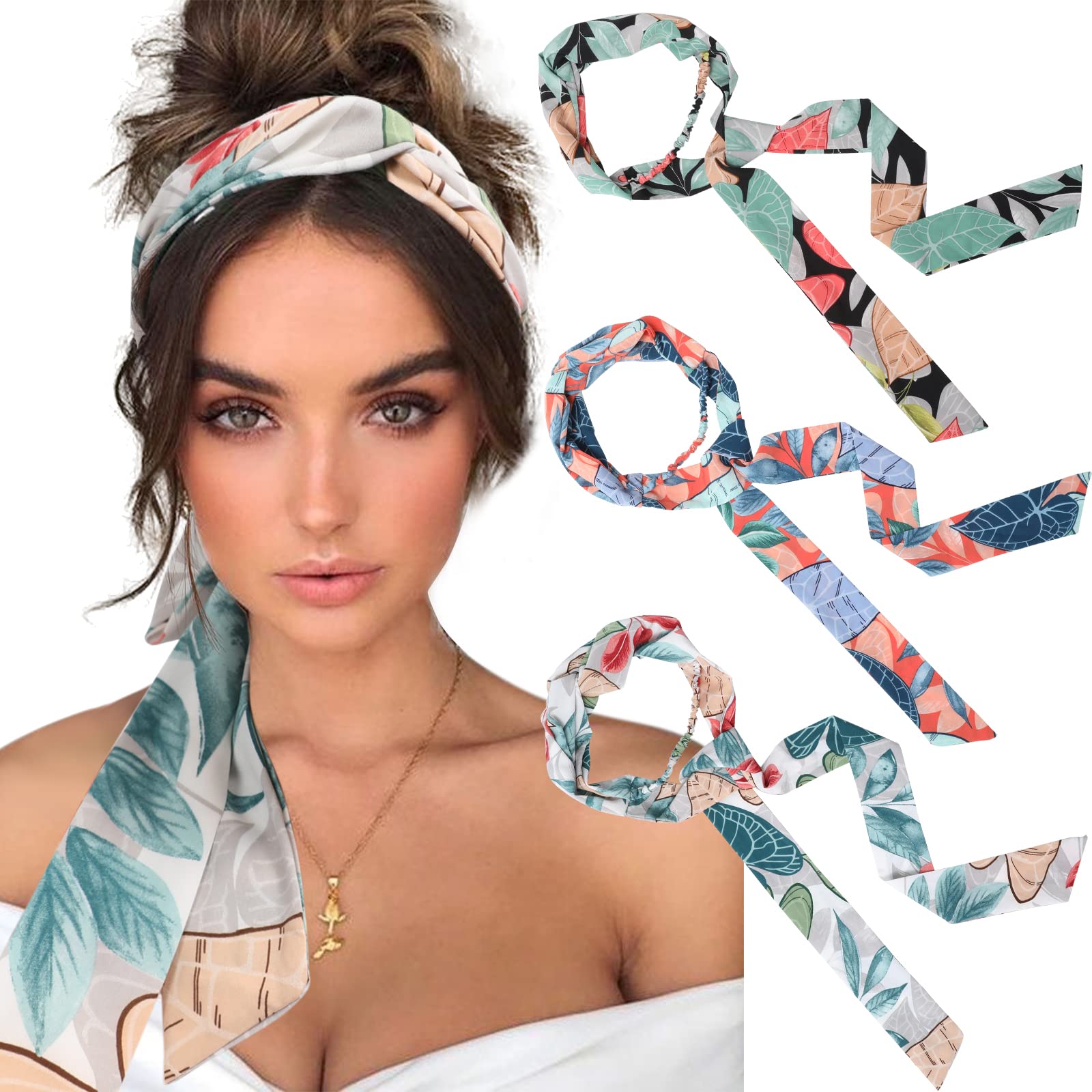 AWAYTR Women's Long Head Wraps - 3PCS Chiffon Criss Cross Headbands for Long Thick Hair (Flowering leaves, Red, White, Black)
