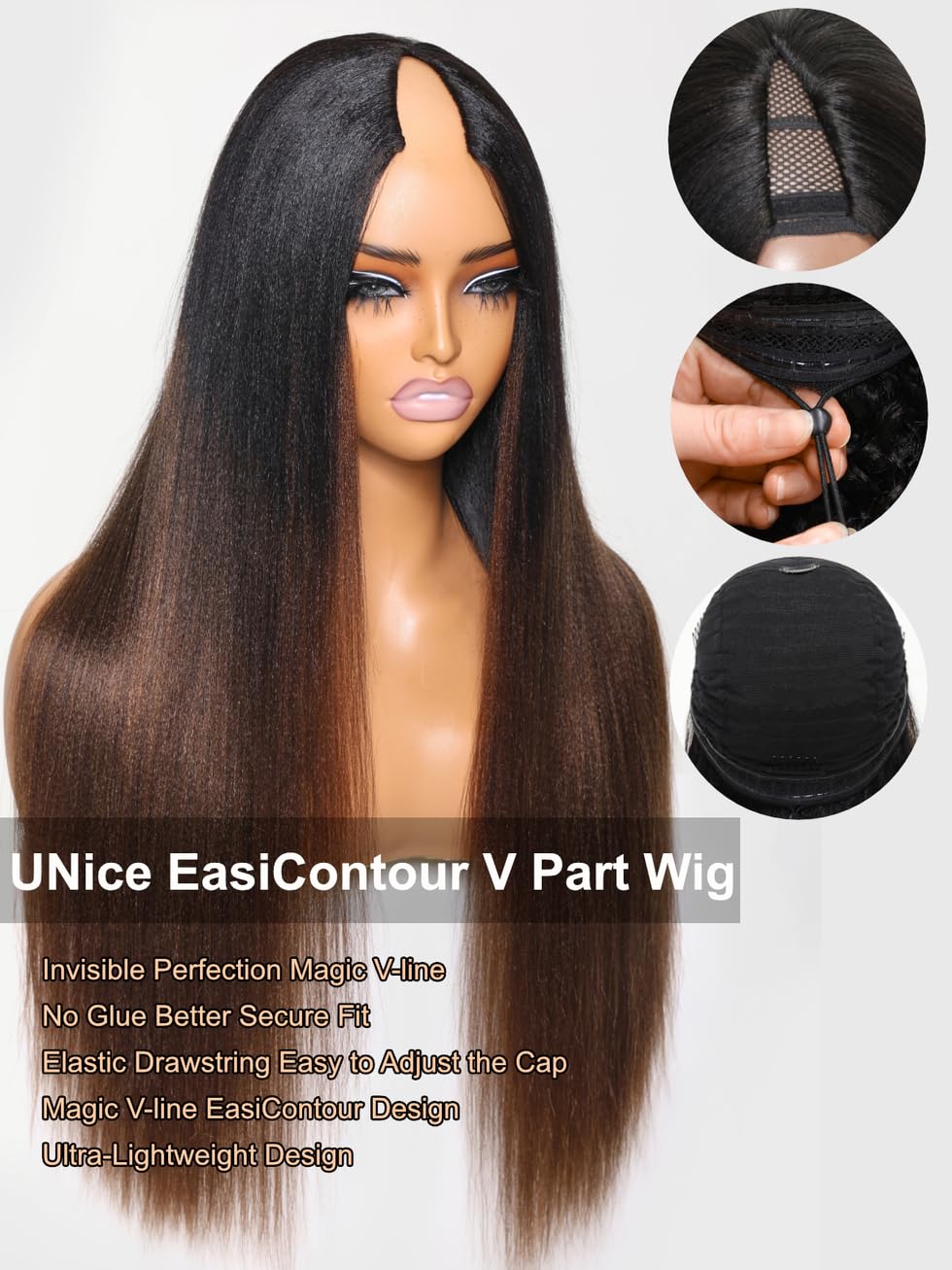 Unice Easicontour V Part Wigs Human Hair Yaki Straight Glueless Wigs Human Hair Clip In Vpart Wig No Sew In No Glue Ombre Chestn