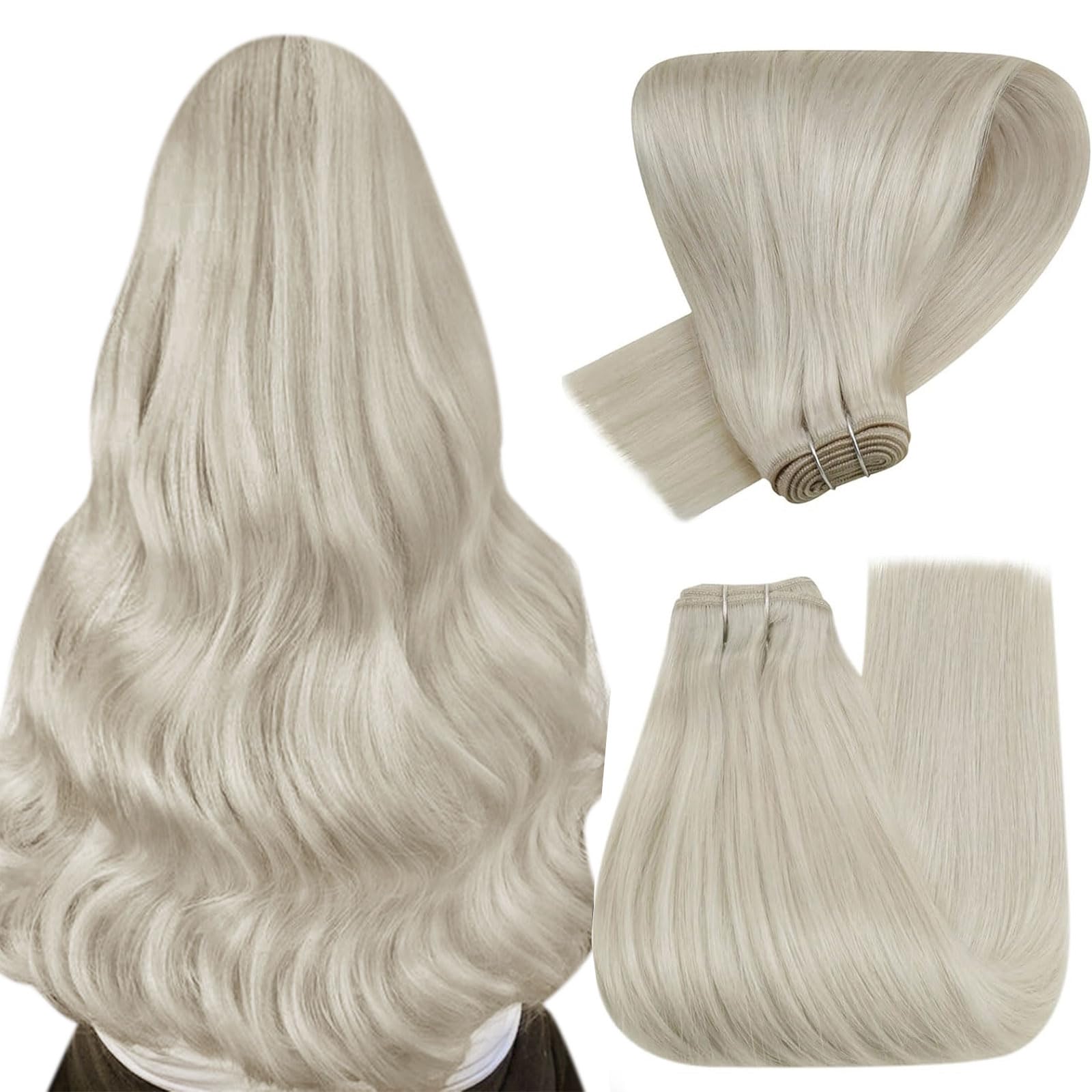 Hetto Blonde Weft Hair Extensions Sew in Human Hair Extensions 14 Inch #60 Platinum Blonde Brazilian Human Hair Weft Sew in Doub