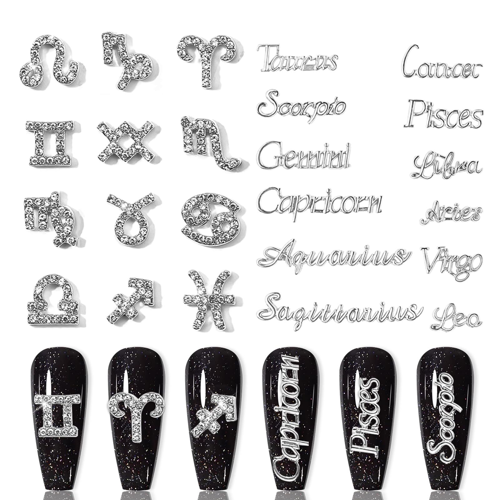 XEAOHESY 24 Pieces Silver Alloy Zodiac Nail Charms 12pcs Zodiac Signs Nail Studs 12pcs Constellation Words Charms Twelve Constel