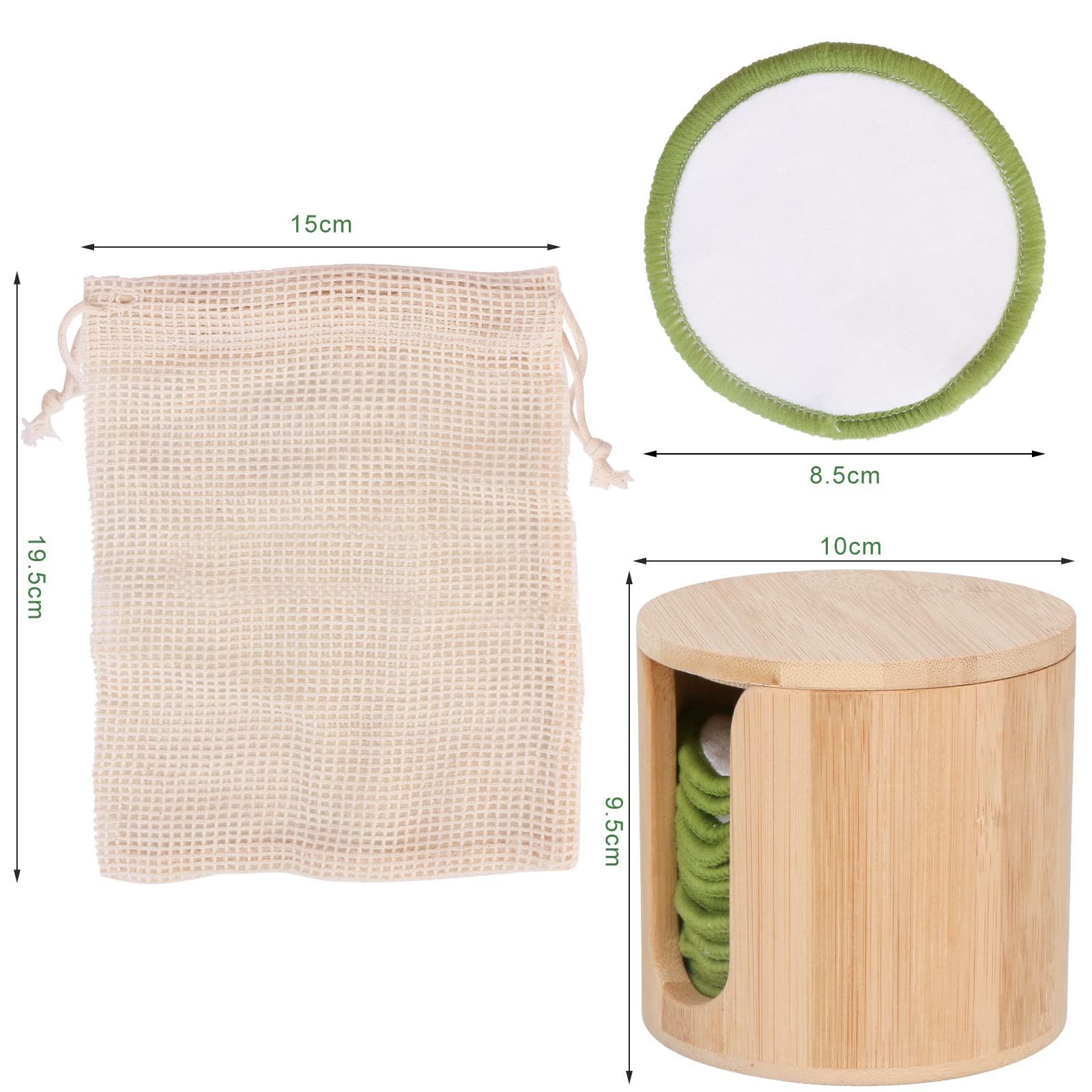 UNIMEIX Reusable Makeup Remover Pads - 16 Pack Organic Cotton Rounds with Bamboo Holder, Green