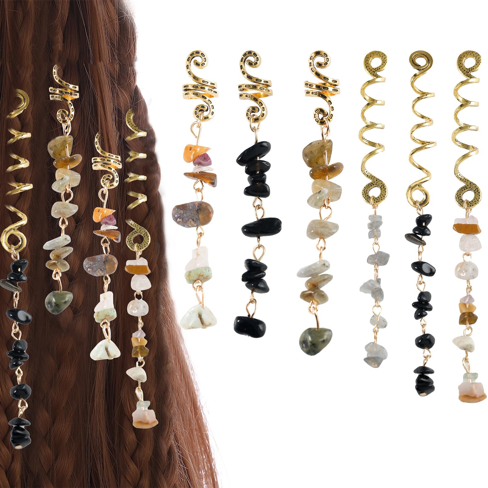 FRDTLUTHW Hair Jewelry Dreadlock Accessories, Natura Stone Hair Charms for Braids, Hair Ring Crystal Hair Accessories for Women(
