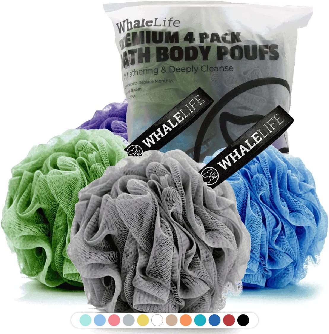 Loofah Sponge Bath Sponge For Women Men 4 Pack (Gray Blue Green Purple)