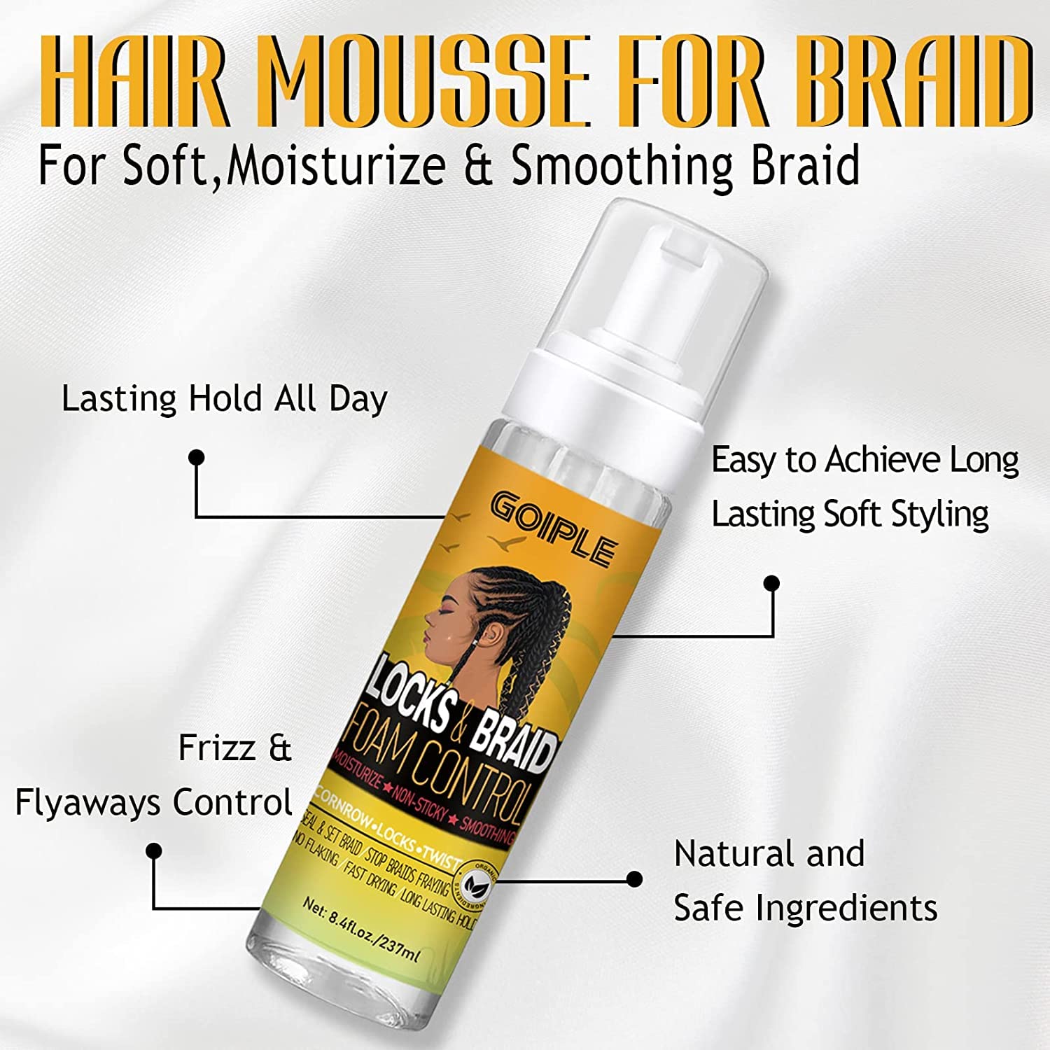 Braid Foam Control Mousse Braiding Mousse For Braids Twist, Locs, No Flake Extra Hold High Shine Style And Moisturizes, Hair Mou