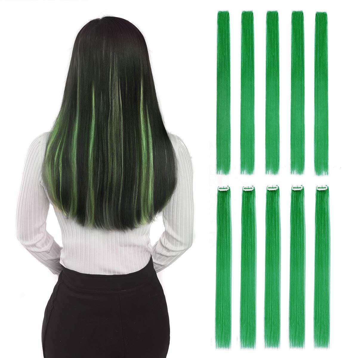 Colored Clip in Hair Extensions 22'' 10pcs Straight Fashion Hairpieces for Party Highlights Green